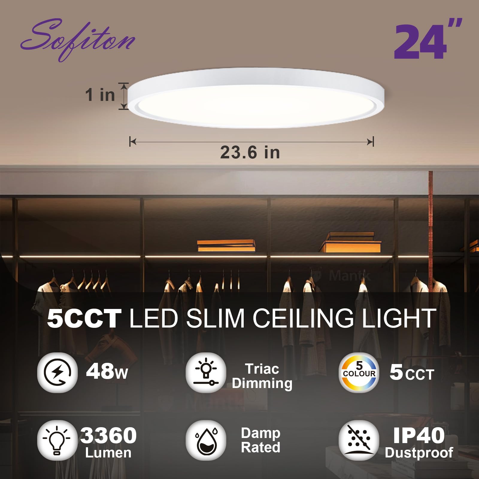 Sofiton 24 Inch LED Flush Mount Ceiling Light, 48W Dimmable, 3360LM, ETL Certified, 8PK, Super Slim, Round Design
