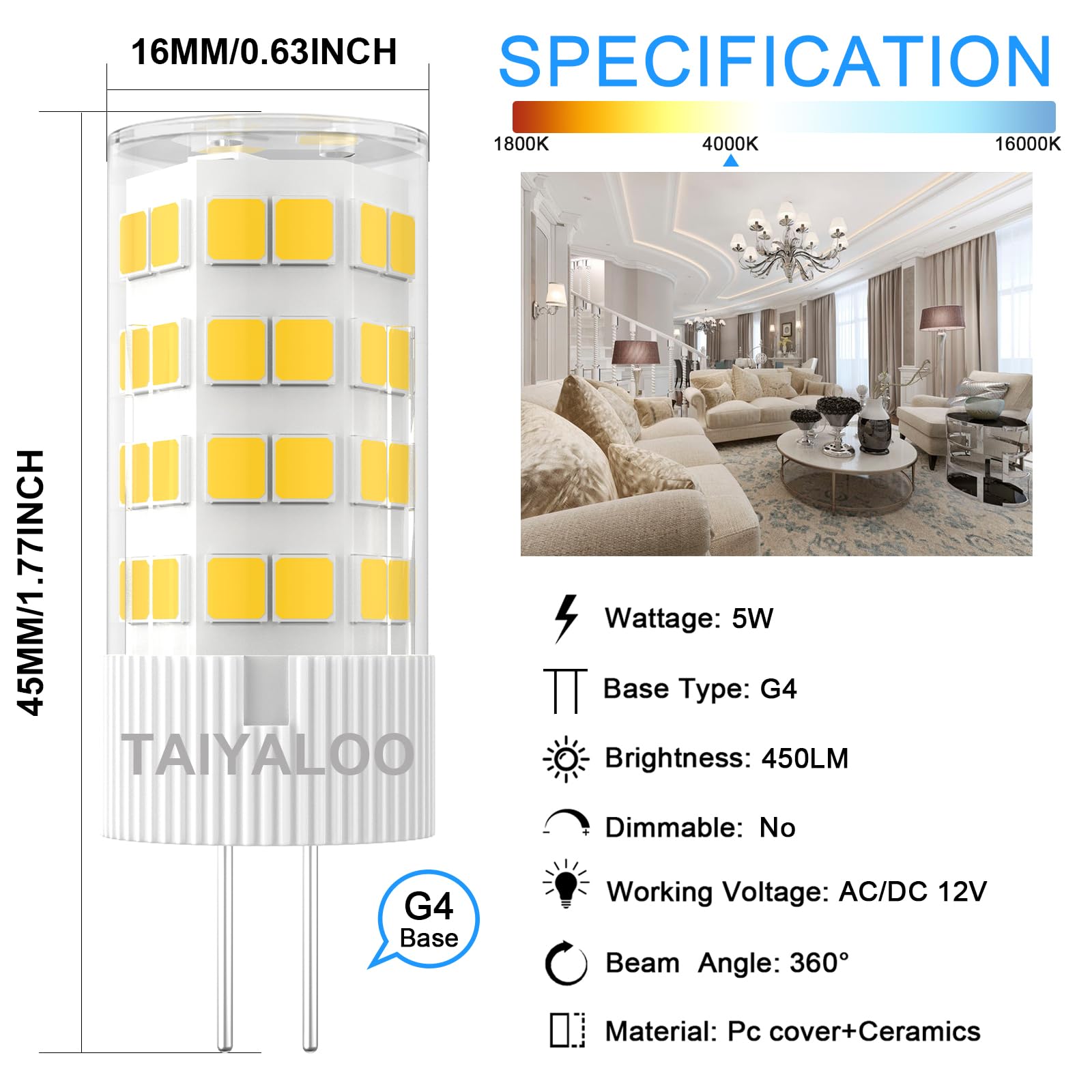 TAIYALOO G4 LED Bulb 5W Natural White 4000K JC Type 12V AC/DC 6 Pack for Outdoor Lighting