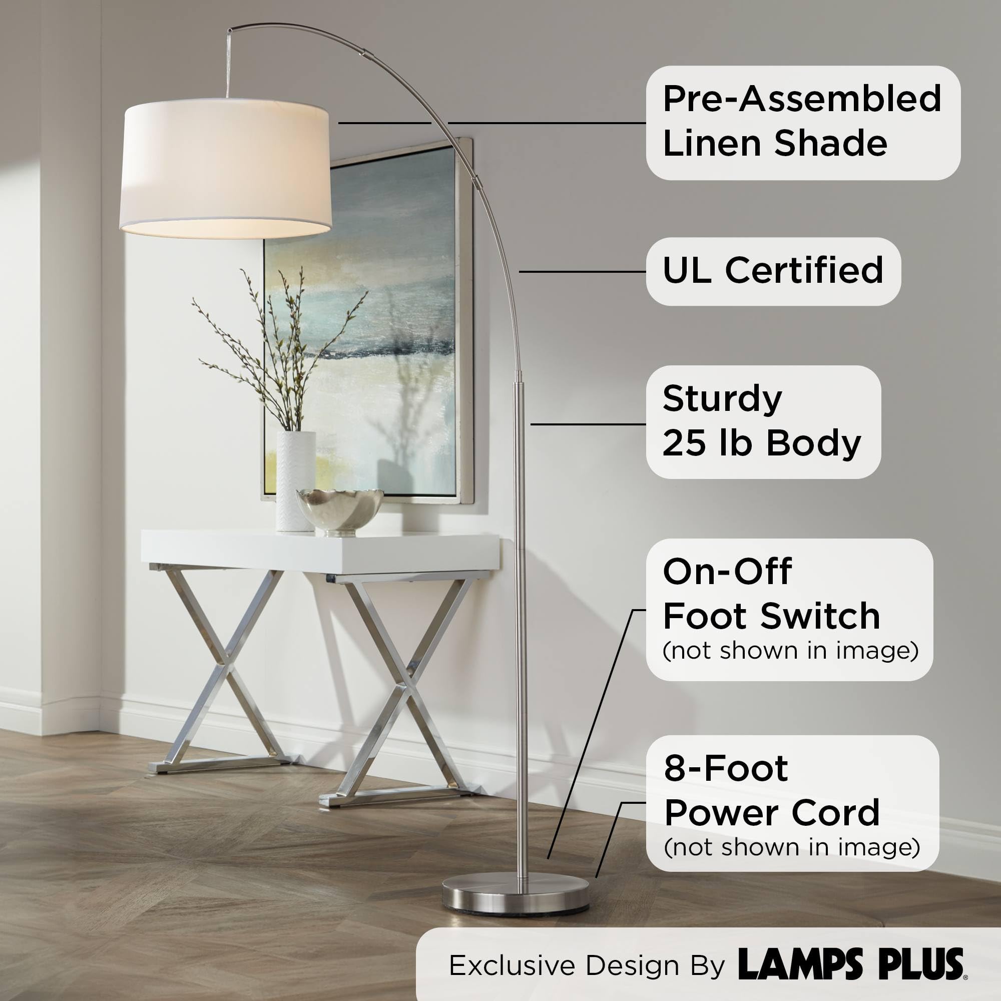 360 Lighting Modern Arched Floor Lamp 72in Tall Brushed Nickel Silver Off White Linen Shade, Model 35F53