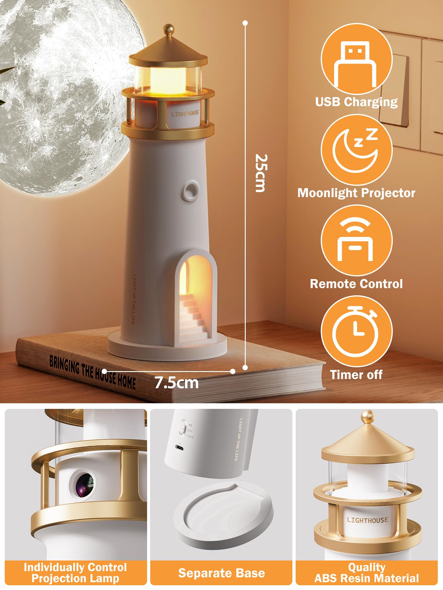 Moon Lamp Projector Night Light for Kids,Lighthouse Decor Lamps with Remote Control,LED Aesthetic Table Lamp,Rechargeable Moon L