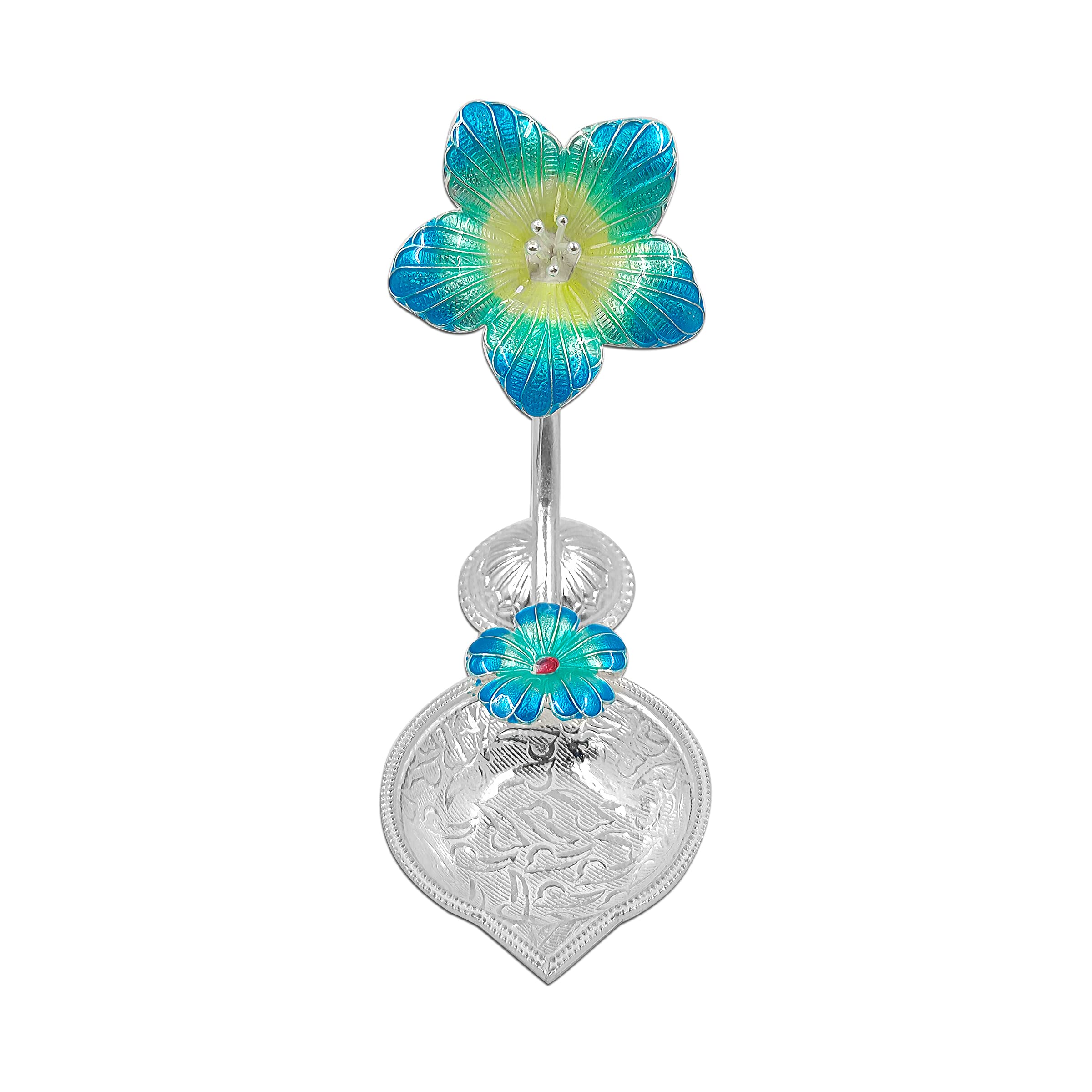 MAA SILVER Pure Silver Diya/Lamp/Deepak with Blue Hibiscus/Jaswanti Flower Design Perfect for Gift and Pooja Use (65 Purity)(35