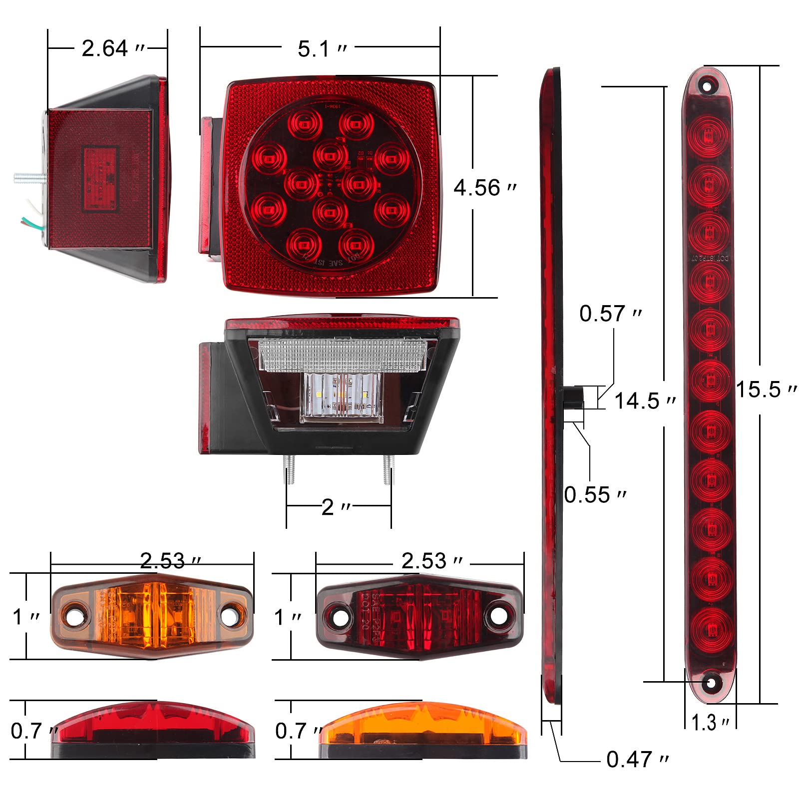 12V Trailer Led Light Kit, 2X Square Led Stop Turn Tail Brake License Plate Running Lights W/ 25Ft Wiring Harness/6X Mini Marker Lights/15&quot; 11Led Trailer Tail Brake Light Bar/License Plate Bracket