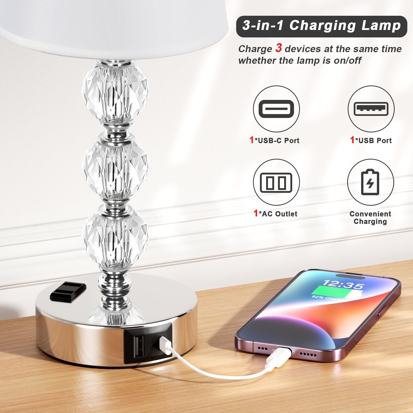 Acaxin 14.6'' Bedside Lamps For Bedrooms Set Of 2 - Mini Crystal Table Lamps With Usb A+C Charging Ports And Ac Outlet, 3 Way Di