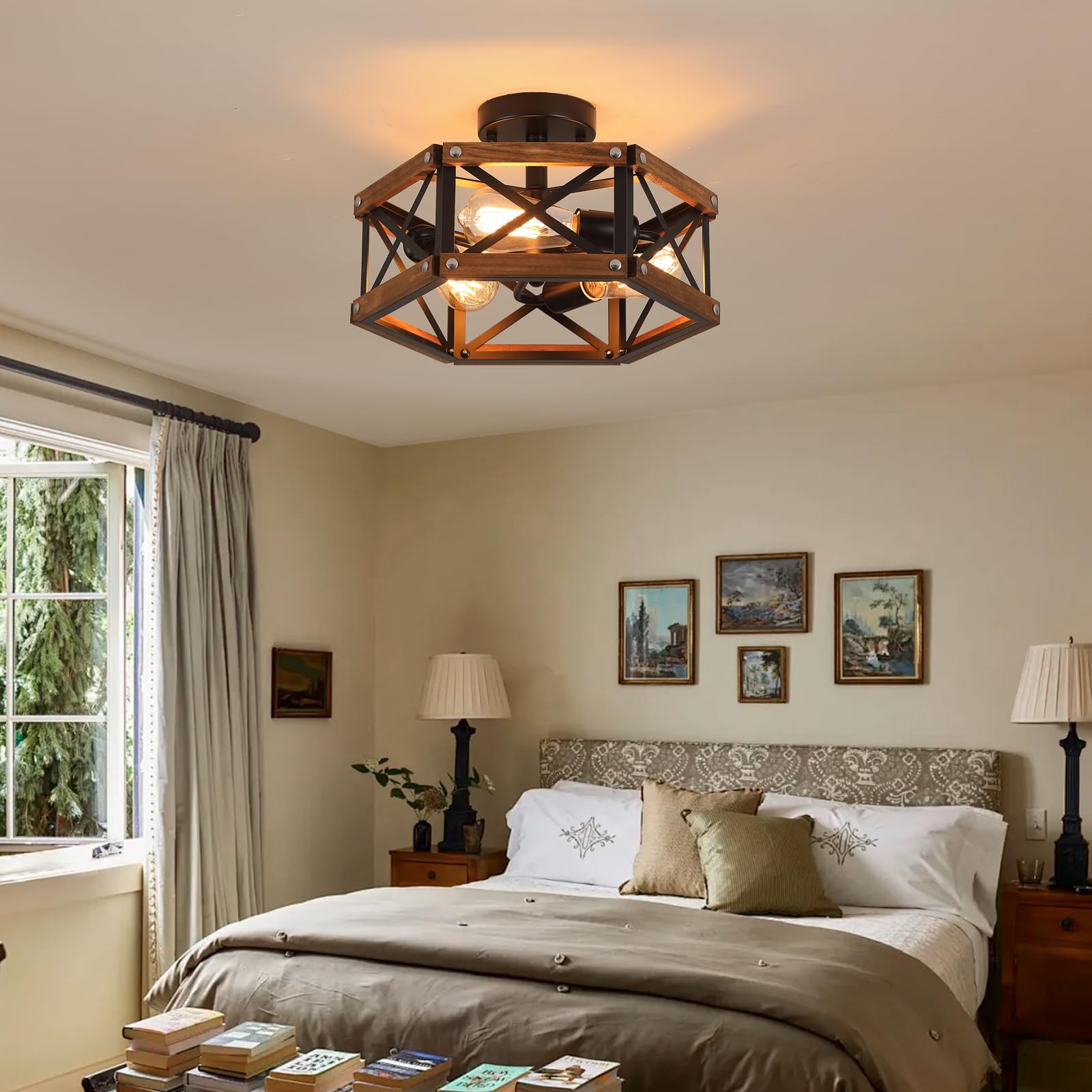 3-Light Rustic Farmhouse Wood Flush Mount Ceiling Light Fixture 14.5 Inch Oak Wood And Metal Hexagon Cage Semi Flush Mount Ceili