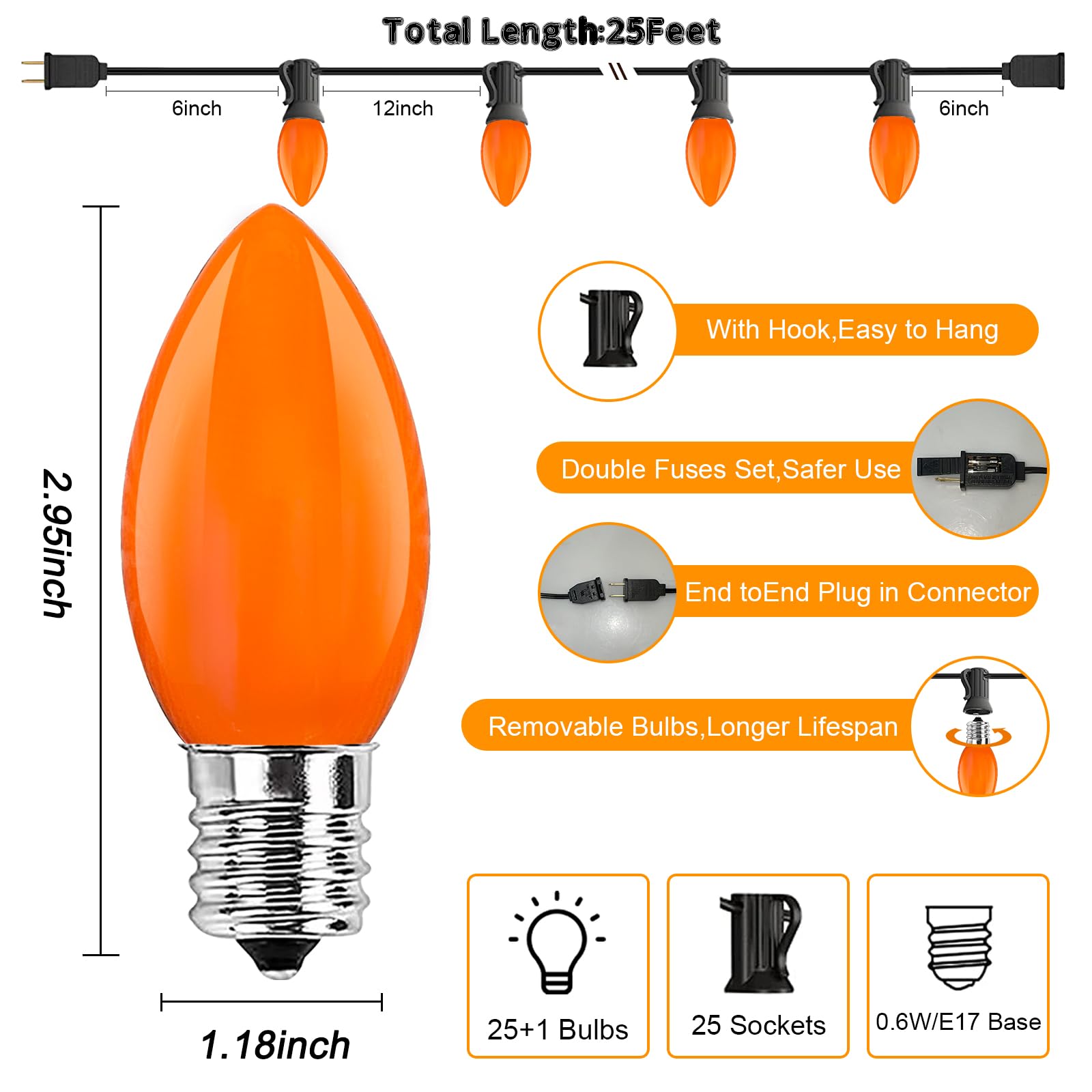 C9 Led Orange Christmas String Lights 25Ft Outdoor Christmas Decorations Lights With 26 Led Shatterproof Orange Bulbs, Hanging C