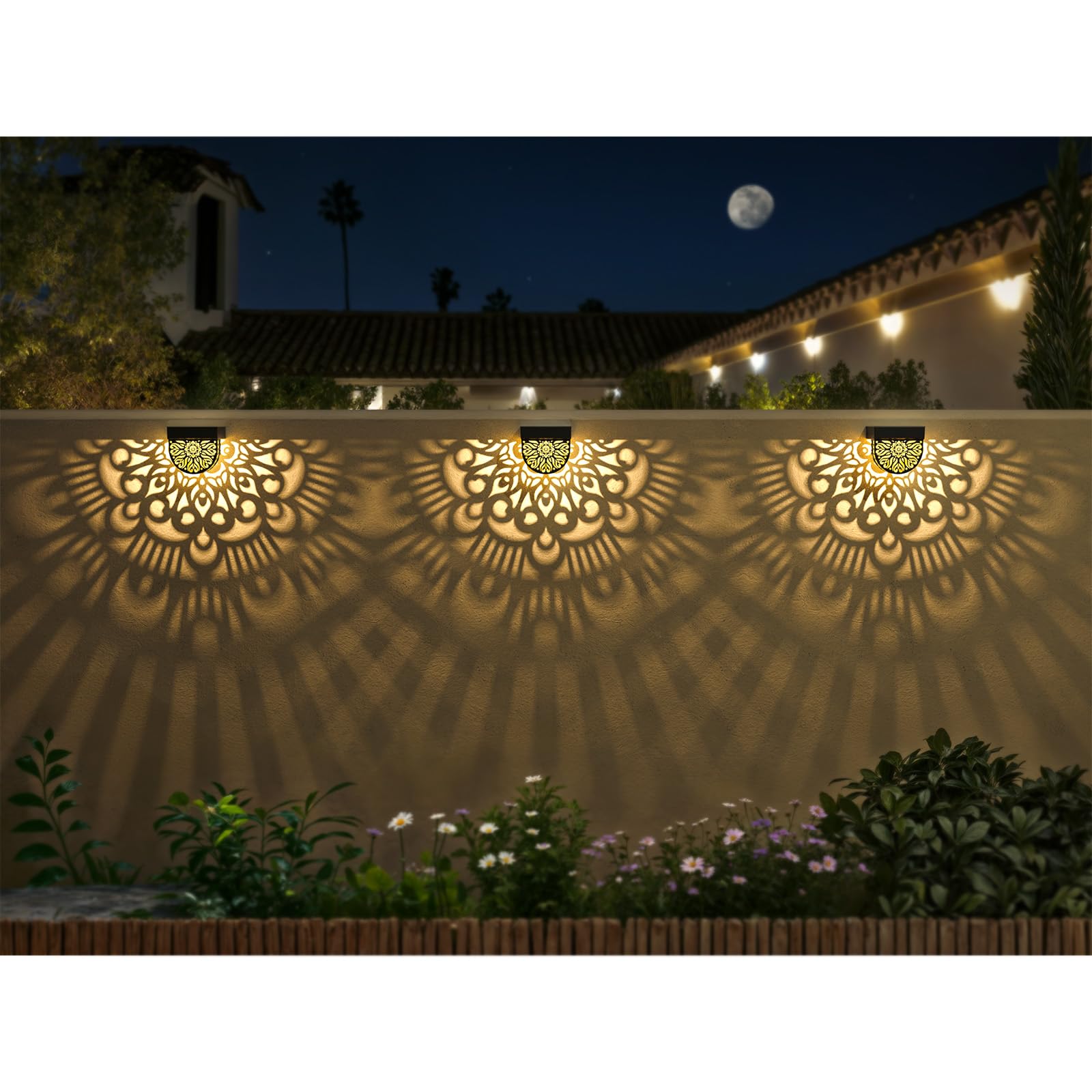 EKQ Solar Fence Lights, Waterproof Plastic Outdoor Wall Lights, 6 Pack, Black, Moon Theme for Garden, Deck, Patio, Backyard Decor