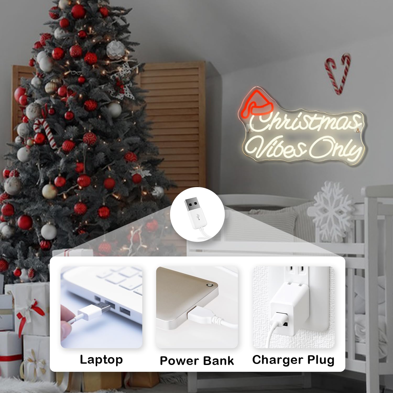 Looklight Christmas Window Lights Christmas Vibes Only Neon Signs For Wall Decor Cute Red Santa Claus Hat Warm White Led Lights For Bedroom Home Living Room Door Bar Party Decoration Gifts
