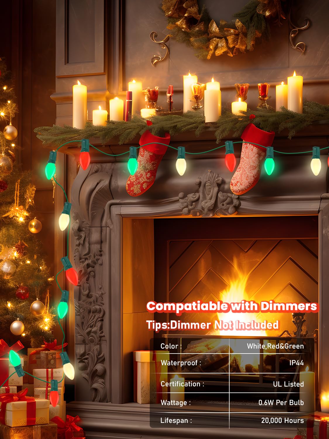 C7 Led Christmas Lights Outdoor, 25Ft Vintage Christmas String Lights With 27 Red Green White Led Bulbs(2 Spare), Classic Christ