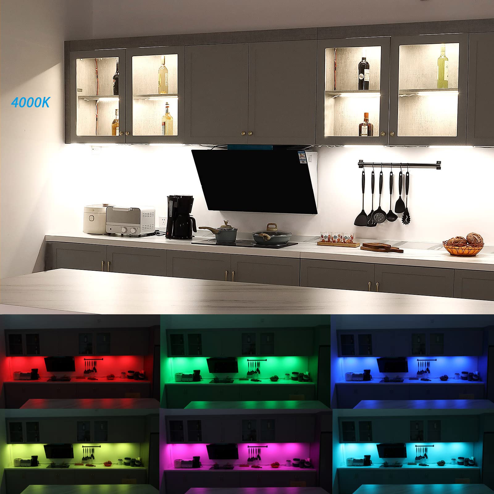 Kitchen Under Cabinet Led Light. Rgbw. Color Change & Super Bright Cool White Light. Remote With Dimming. 6 Led Light Bars With