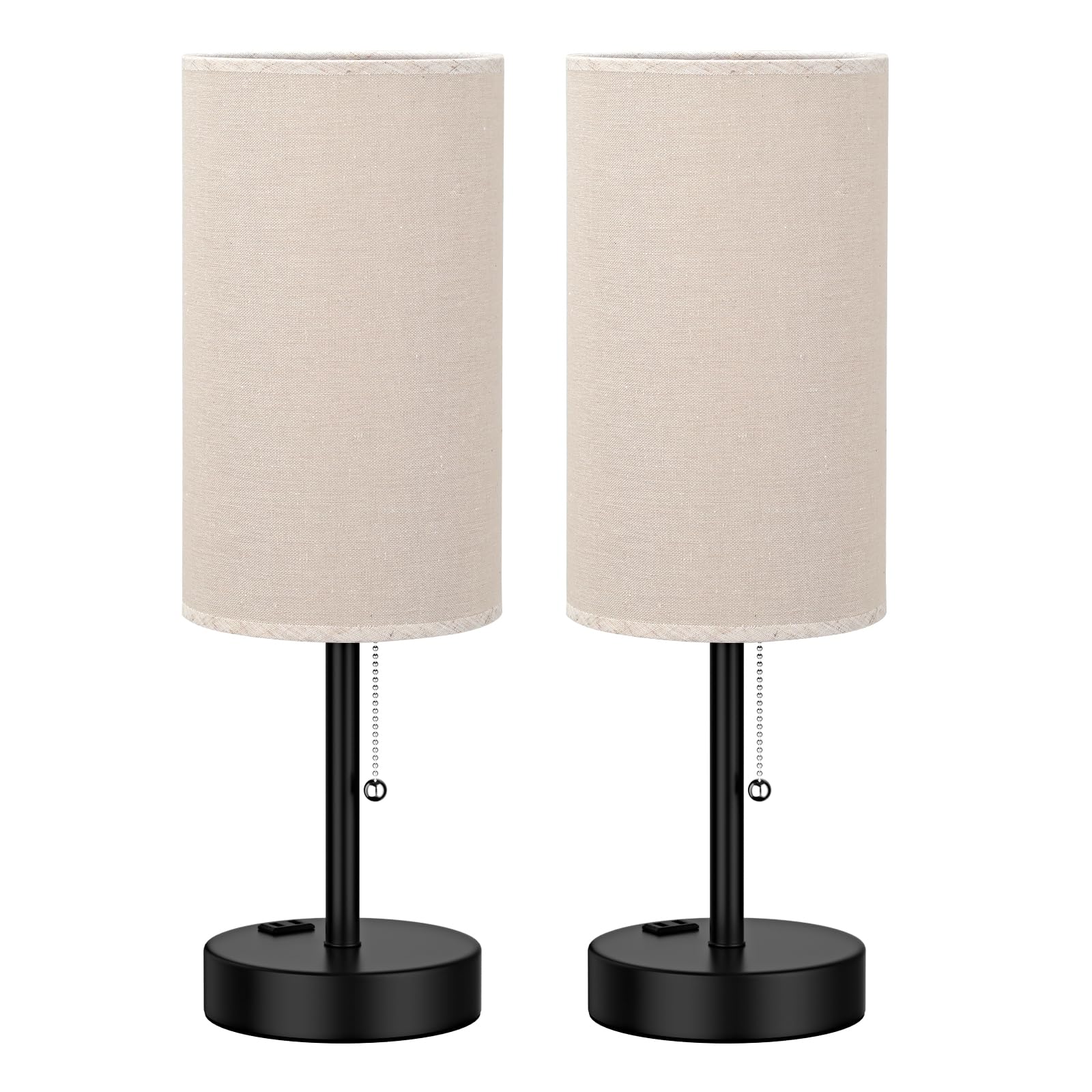 Fenmzee Plus Beige Bedside Table Lamps Set of 2-3 Color Temperatures Pull Chain Lamp with AC Outlet Charging Port, Two Round Nig