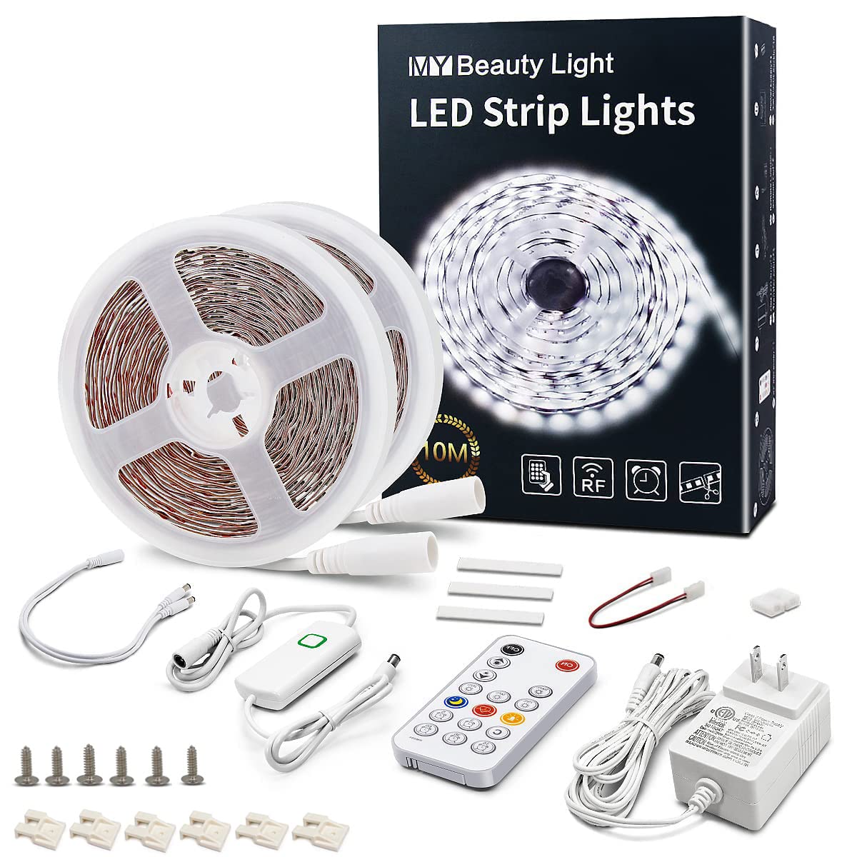 MY BEAUTY LIGHT LED Strip Lights Warm White,32.8ft Dimmable LED Light Strip with RF Remote,600 Bright 6500K 2835 LEDs,Plug-in Ad