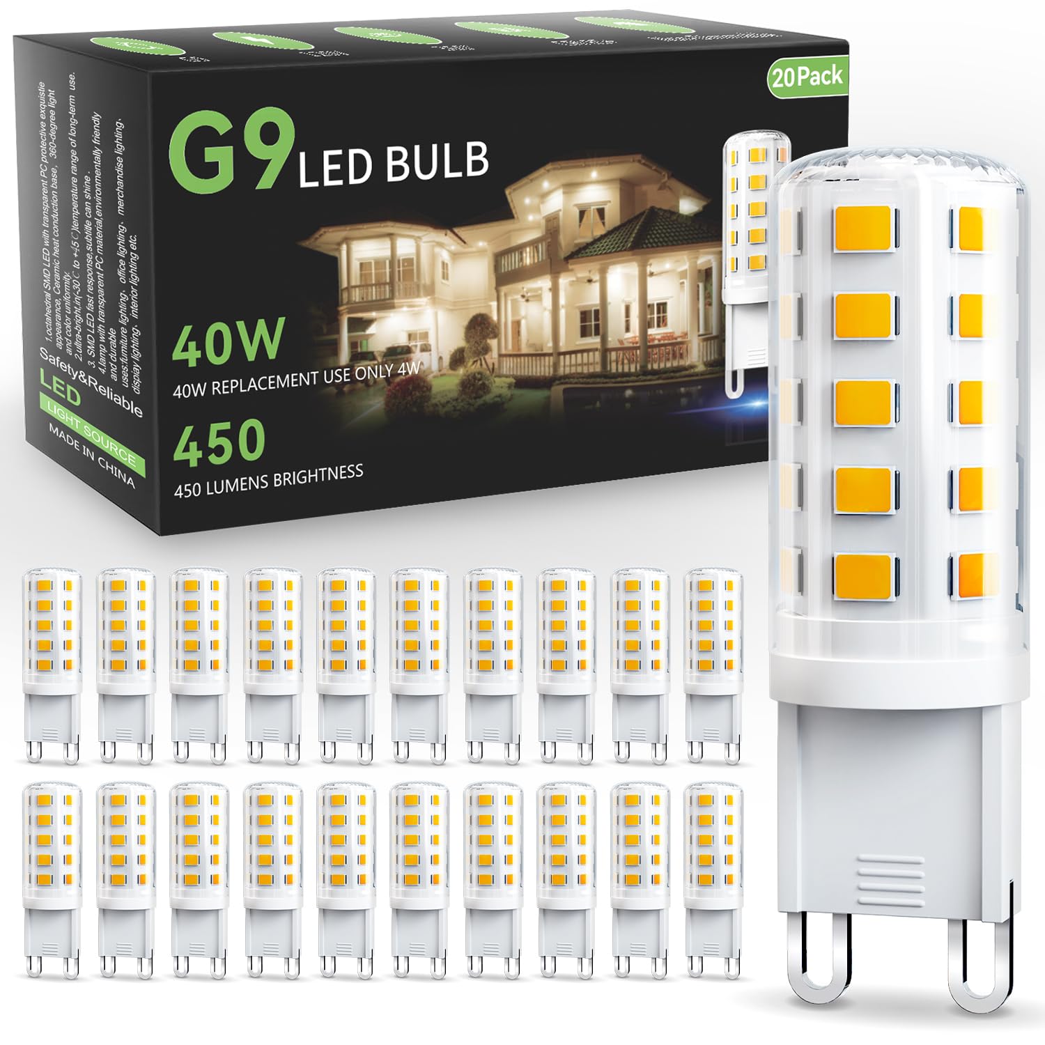 Tjoy 20 Pack G9 Led Bulb 4W, 40 Watt Equivalent Halogen, 3000K Warm White Chandelier Light Bulbs, T4 G9 Bi-Pin Base For Crystal 