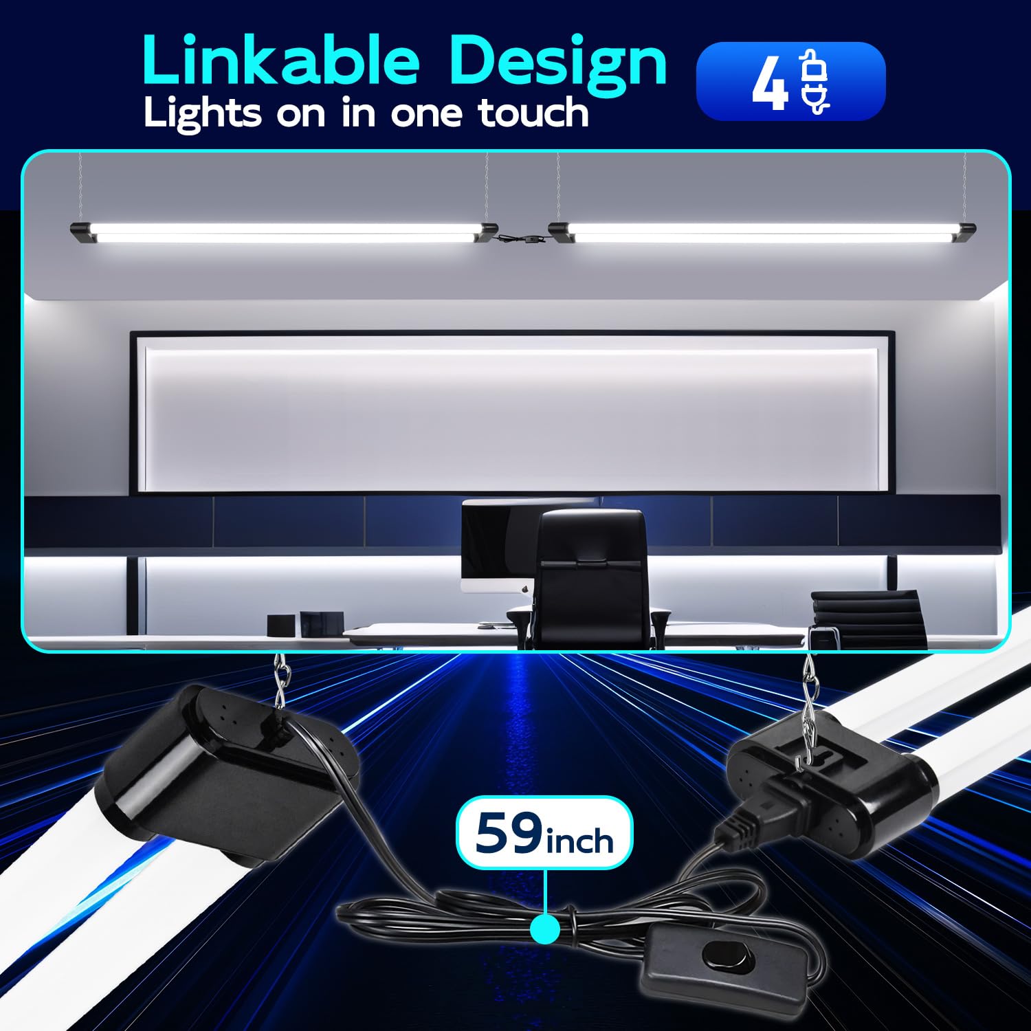 hykolity LED Shop Light 4 Pack, 4400lm, 42W, 4FT, 5000K, Plastic, White, Model SLA-1116, Linkable