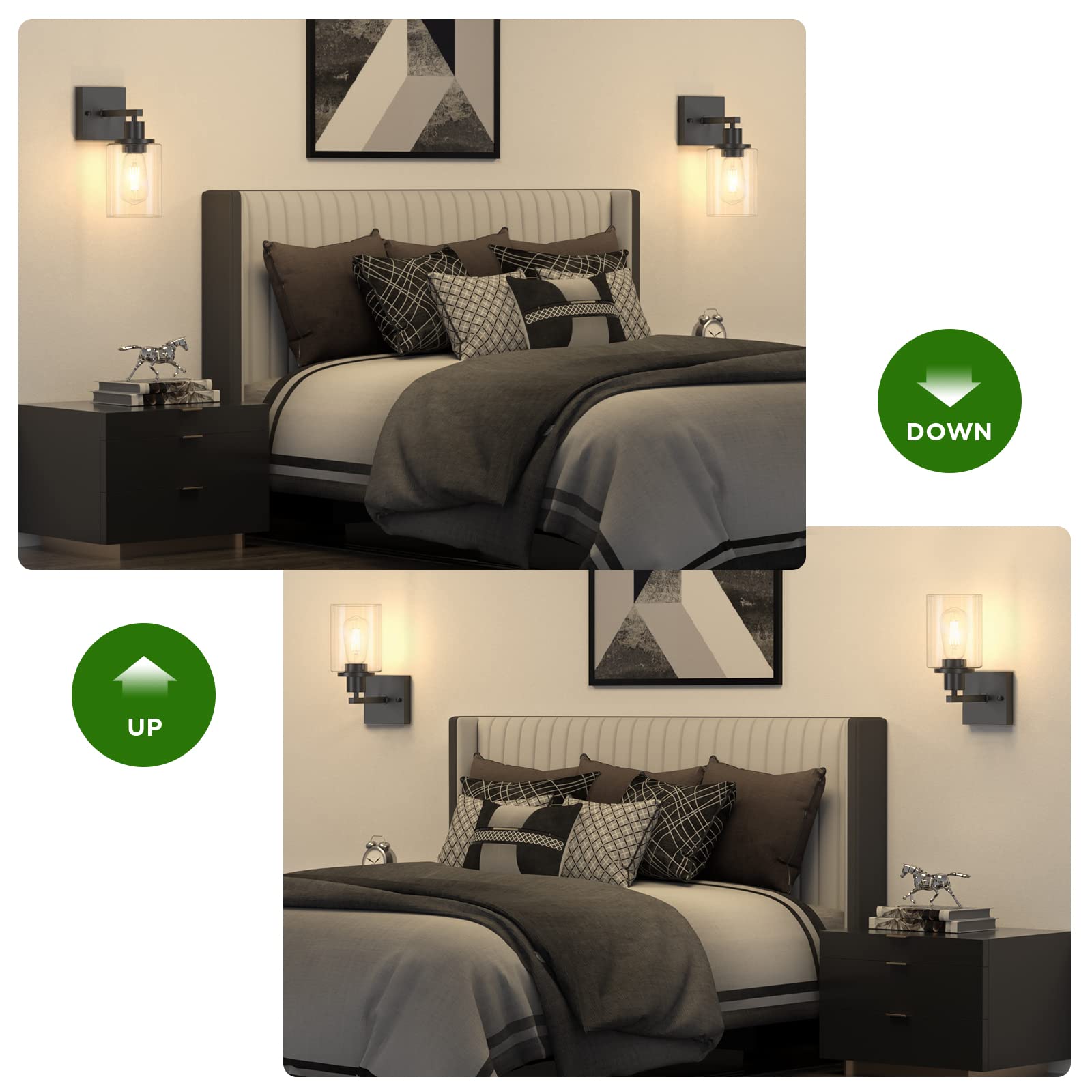 Licperron Black Wall Sconces Set of Two, Modern Metal Lighting Fixture, Glass Shade, 1-Light