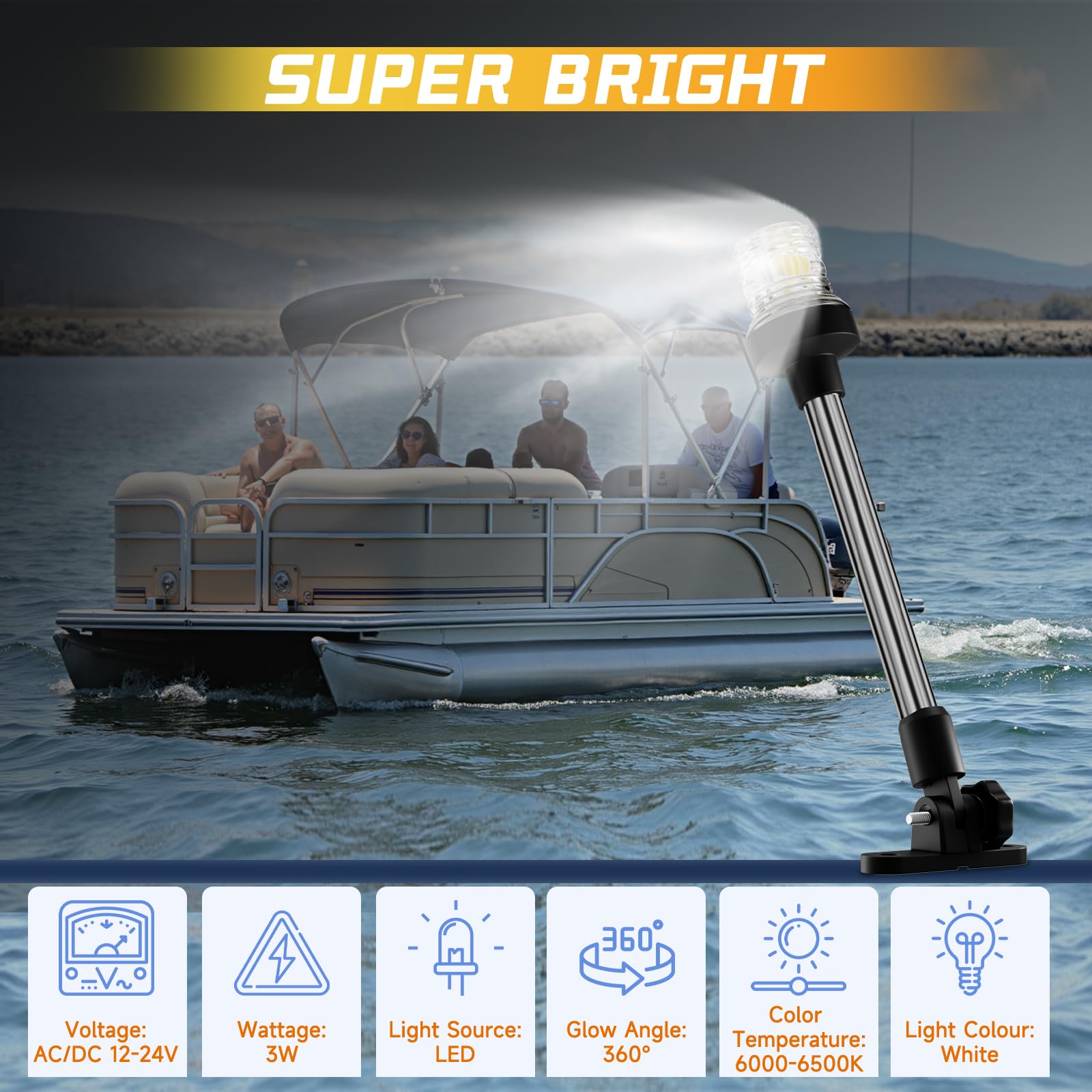 Ambipasion 12 Inches Bimini Light For Pontoon Boat  Pontoon Navigation Lights Anchor Light Stern Lights For Bimini Top Mount Waterproof Ip67  White Fold Down Led Marine Boat Rear Running Lighting