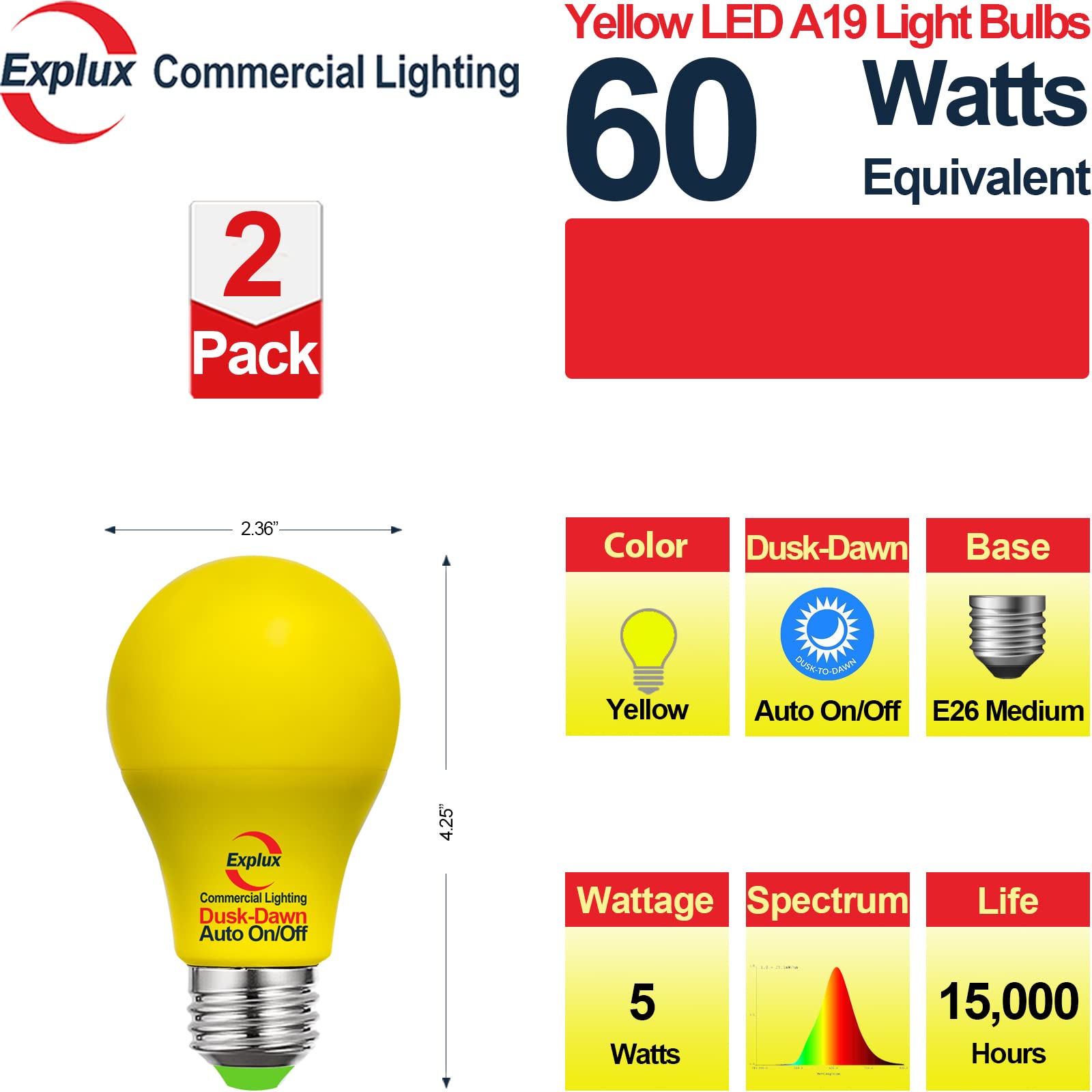 Explux A19 LED Yellow Light Bulbs, 60W Equivalent, Photo Sensor, 2-Pack, Shatter-resistant Plastic