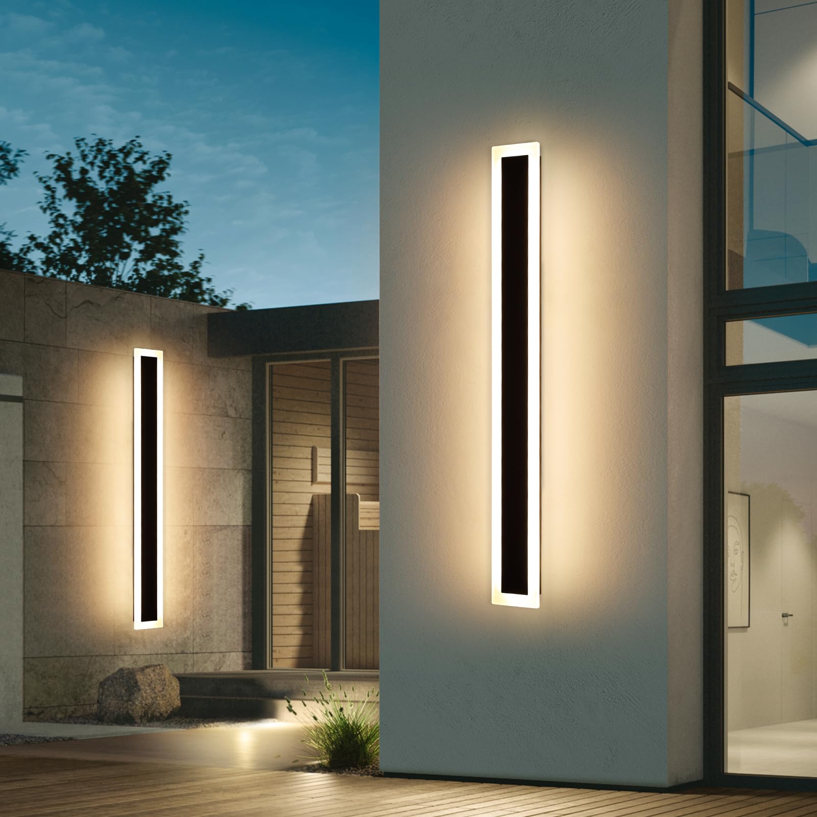 Upgrade Widened 2 Pack Long Outdoor Modern LED Wall Light, 47.2inch Large Black Wall Sconce, 3 Color 3000K/4500K/6000K, IP65 Wat