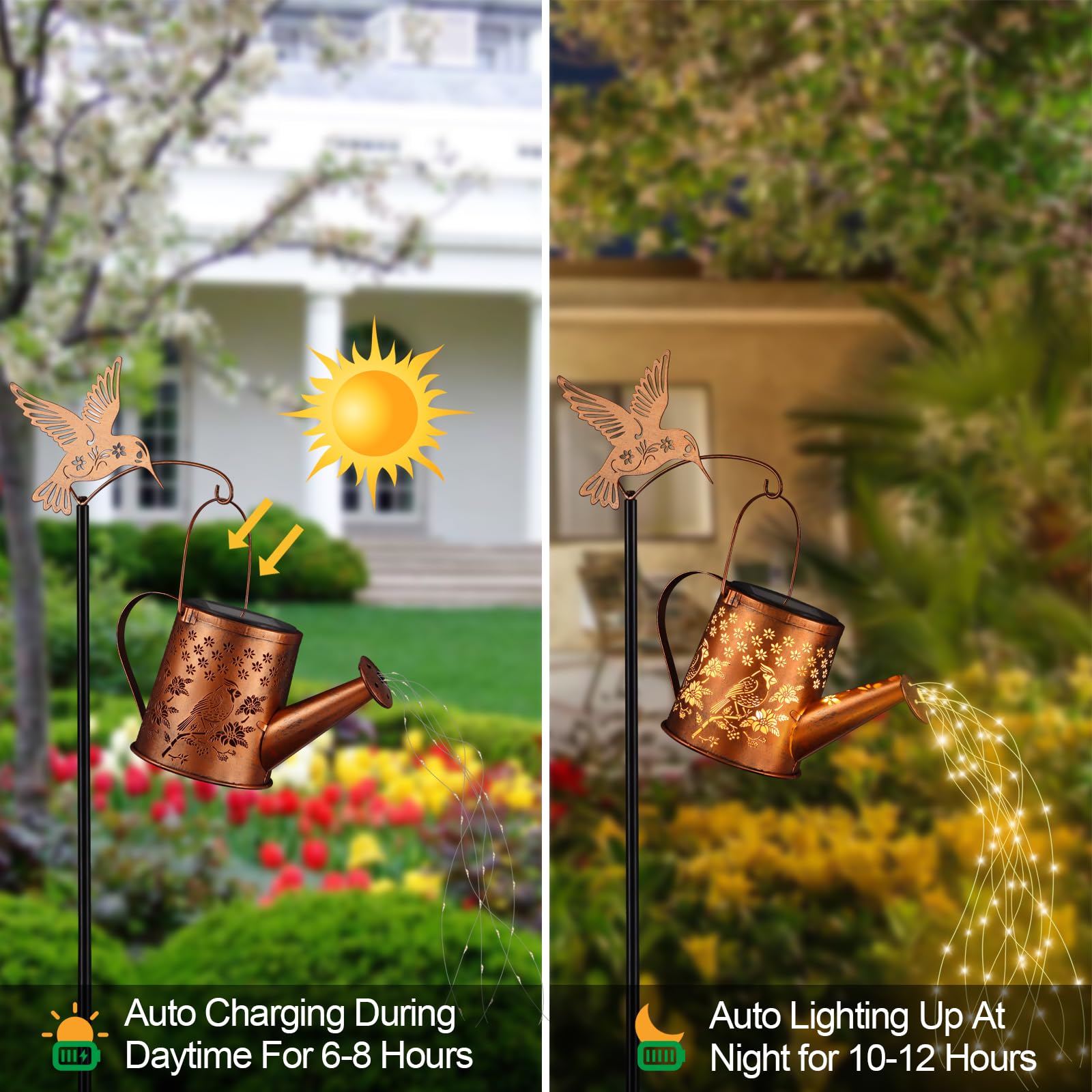 Outdoor Hanging Solar Lantern Waterproof Set Outside Metal Openwork Cardinal Watering Can Landscape Lights For Garden Yard Patio Pathway Decor Birthday Gifts For Women Mom Grandma -With Floor Pole