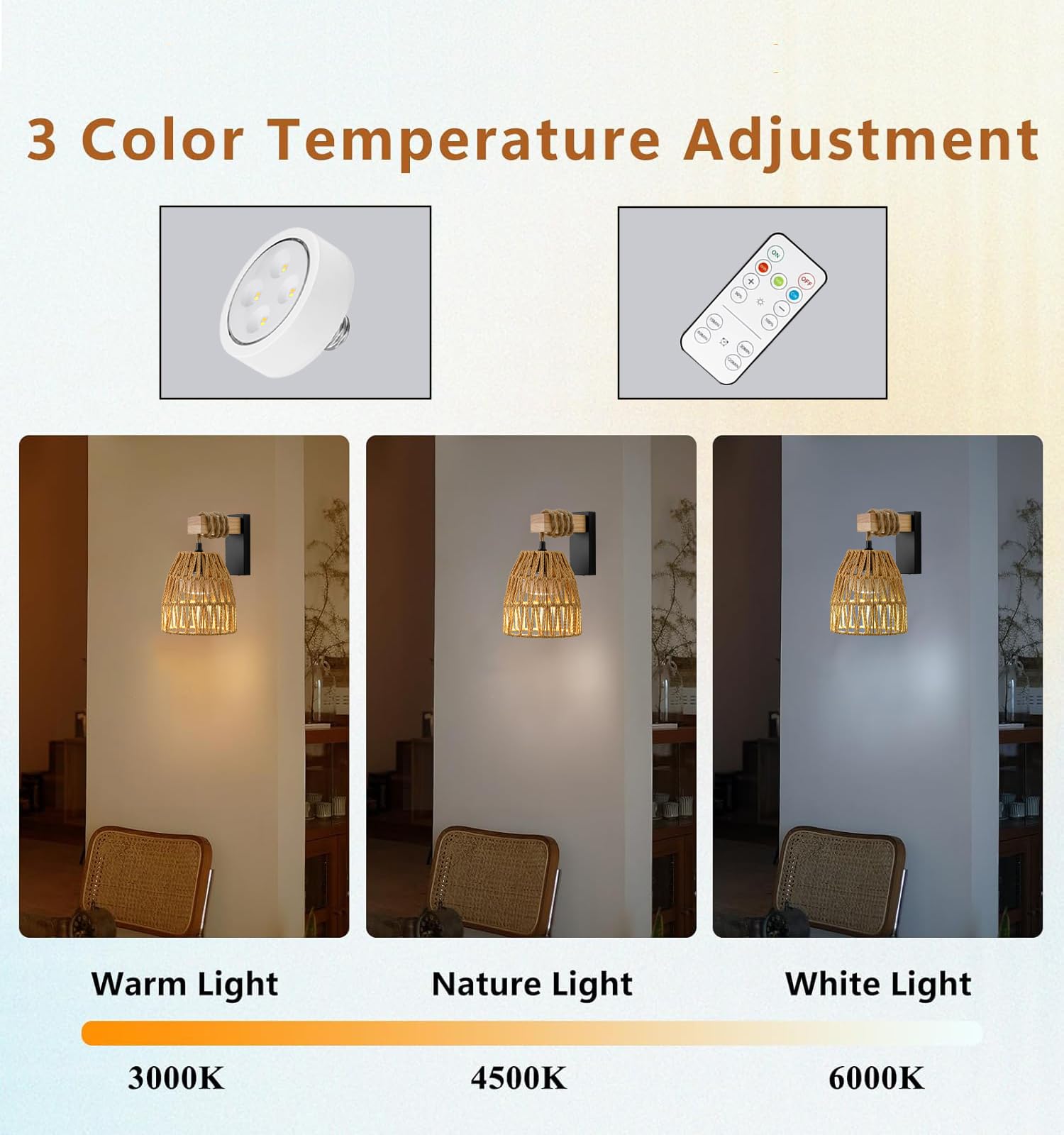 Battery Operated Wall Sconces, Set of 2 Rattan Boho Wireless Sconce with Remote Control, Ideal for Bedroom, Living Room, Entrywa