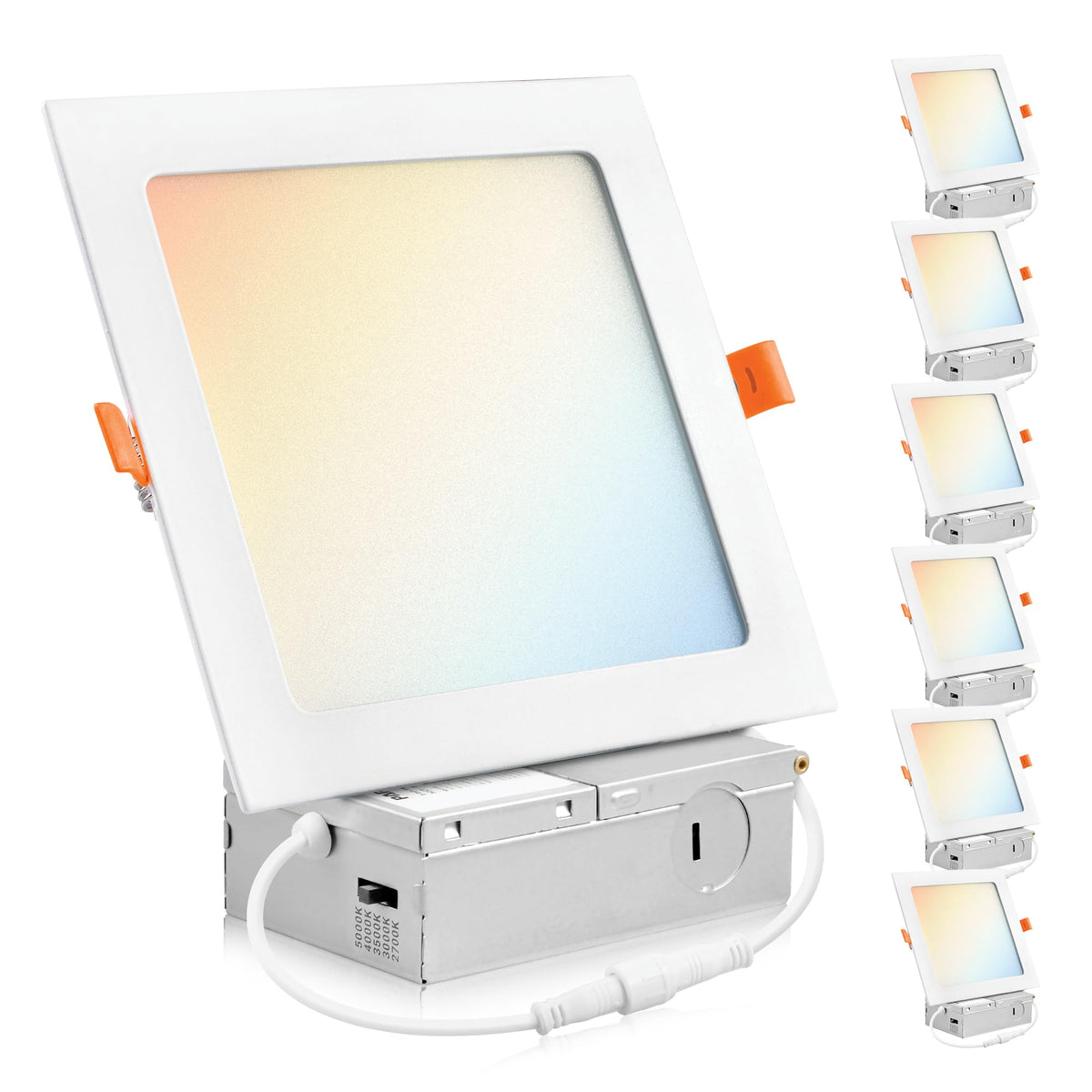 PARMIDA (6 Pack) 6 Inch Square 5CCT Ultra Thin LED Recessed Lighting with Junction Box, 2700K/3000K/3500K/4000K/5000K 5 Color Se