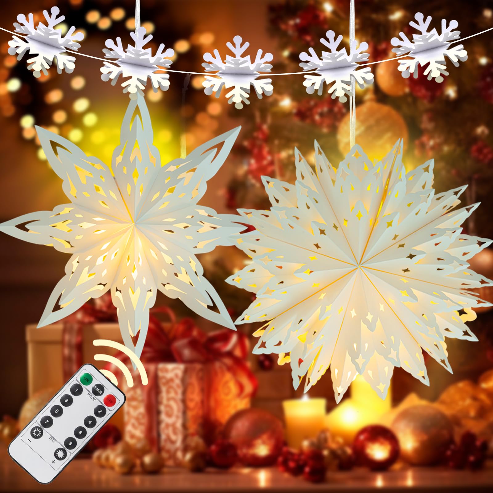 Christmas Snowflake Paper Lanterns  2 Pcs Christmas Paper Star Lanterns With Led Lights Large White Hanging Decorations For Xmas Tree New Year Winter Frozen Weddings Birthday Holiday Party Decor