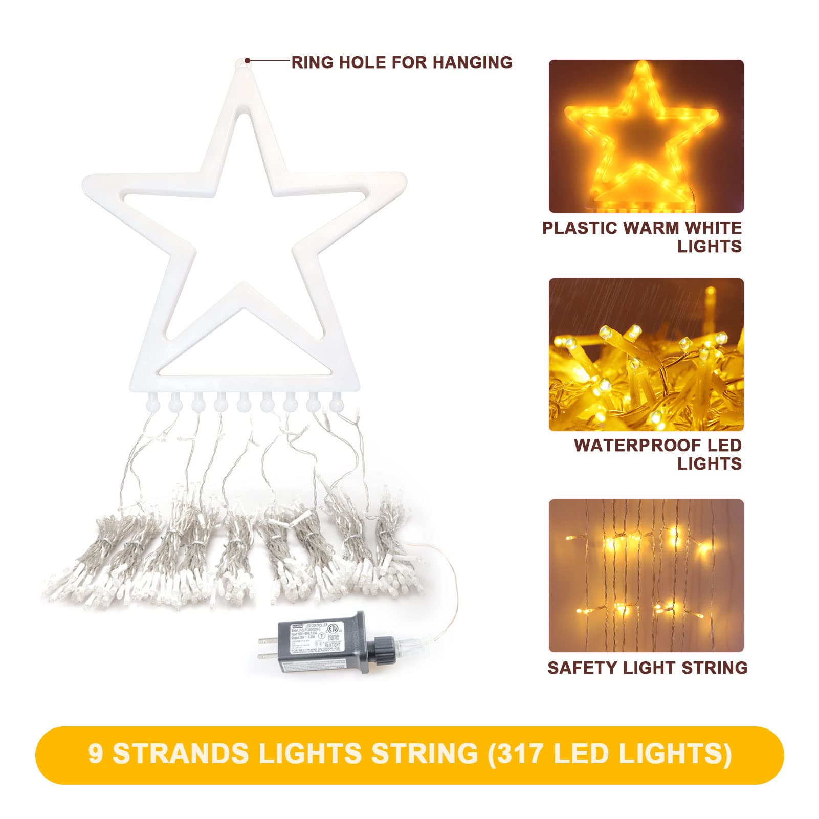 (New) Christmas Decoration Outdoor Star String Lights,16.4Ft 320 Led Christmas Lights Hanging Tree Lights,Plug-In 8 Modes Waterproof Fairy Twinkle Curtain Lights For Xmas New Year Holiday Party