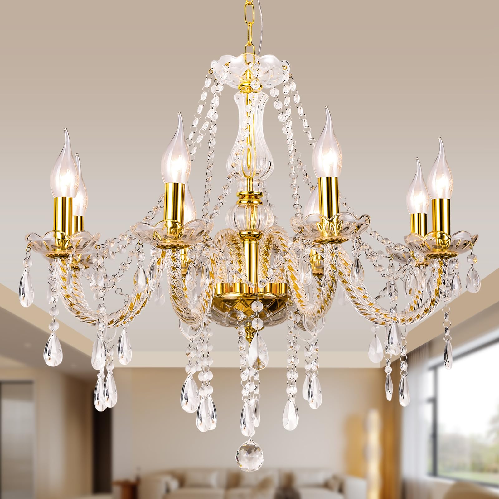 Baotree Modern Elegant 8 Lights K9 Crystal Glass Chandelier Golden Pendant Ceiling Lighting European Style For Dining Living Roo