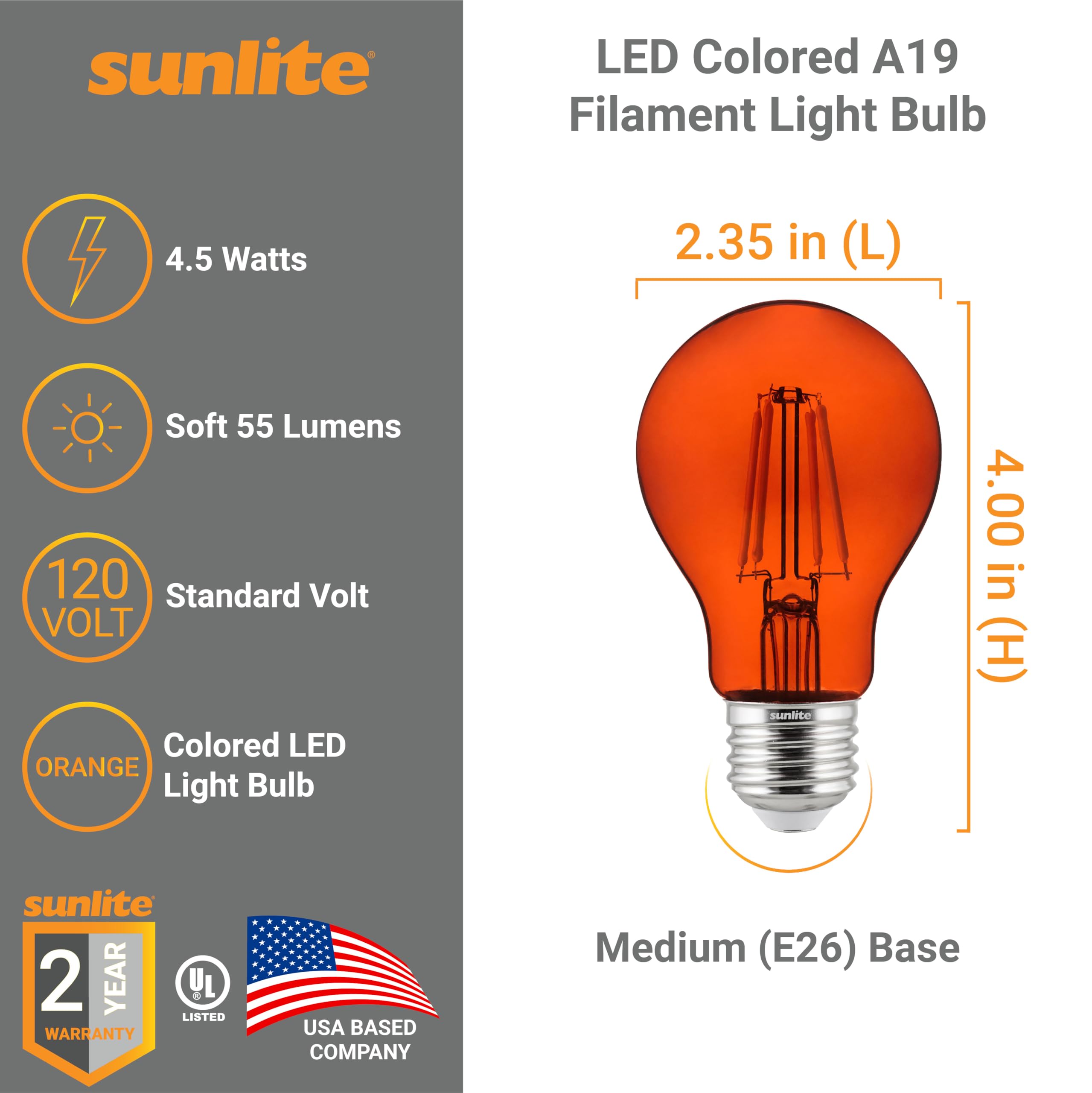 Sunlite 81085 Led Colored Filament A19 Light Bulb, 4.5 Watts, Medium E26 Base, 120 Volts, Transparent Orange, Dimmable, 320 Degr