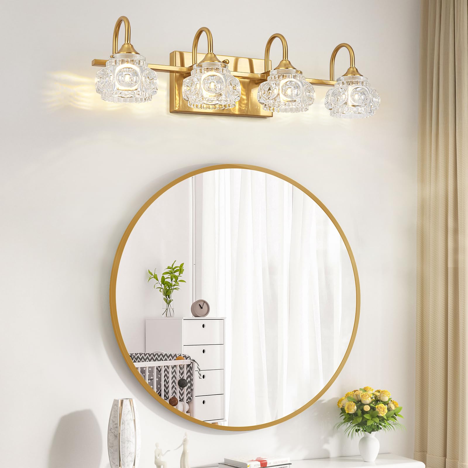 Dikaida Vintage Vanity Light For Bathroom,4-Light Vintage Bathroom Light Fixtures Over Mirror With Crystal Glass Shade,Vintage W