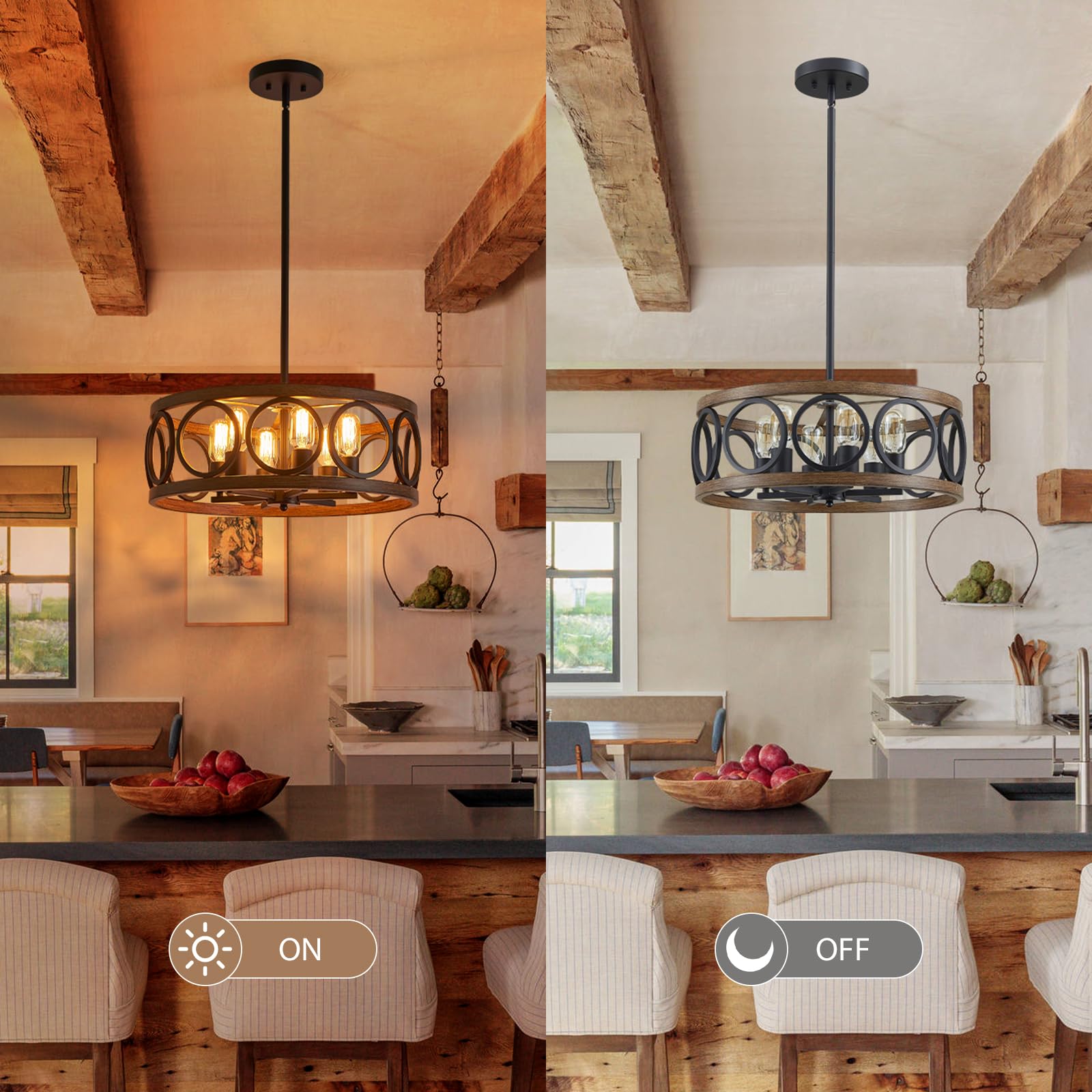 Peskoe Chandeliers For Dining Room, 19.7'' Farmhouse Modern Black And Wood Grain Metal Pendant Light, Drum Rustic Living Room Be