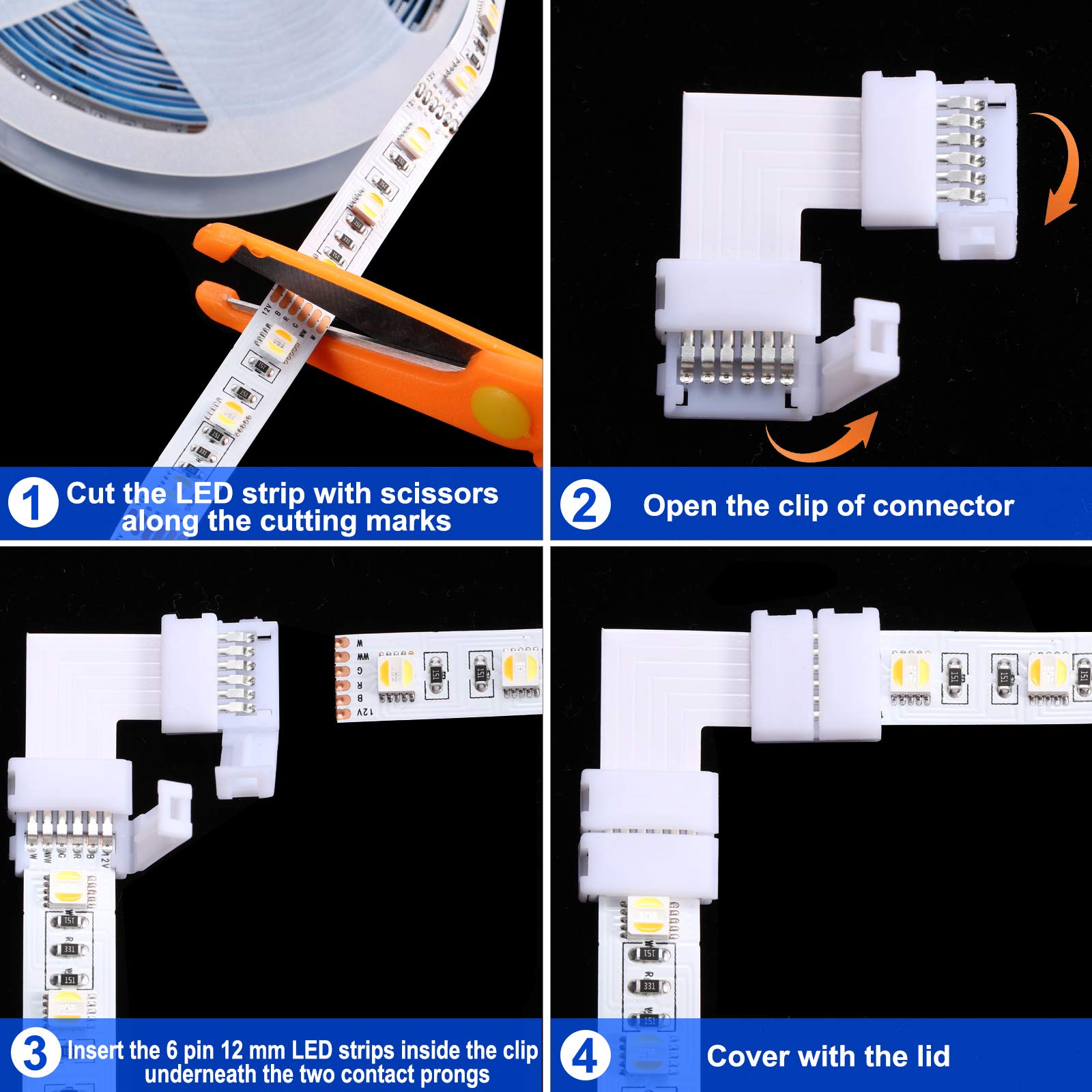 12 Pieces 6 Pins Led Strip Connectors Set L Shape Led Strip Light Connectors 12 Mm Solderless Connector For 6 Pin Led Strip