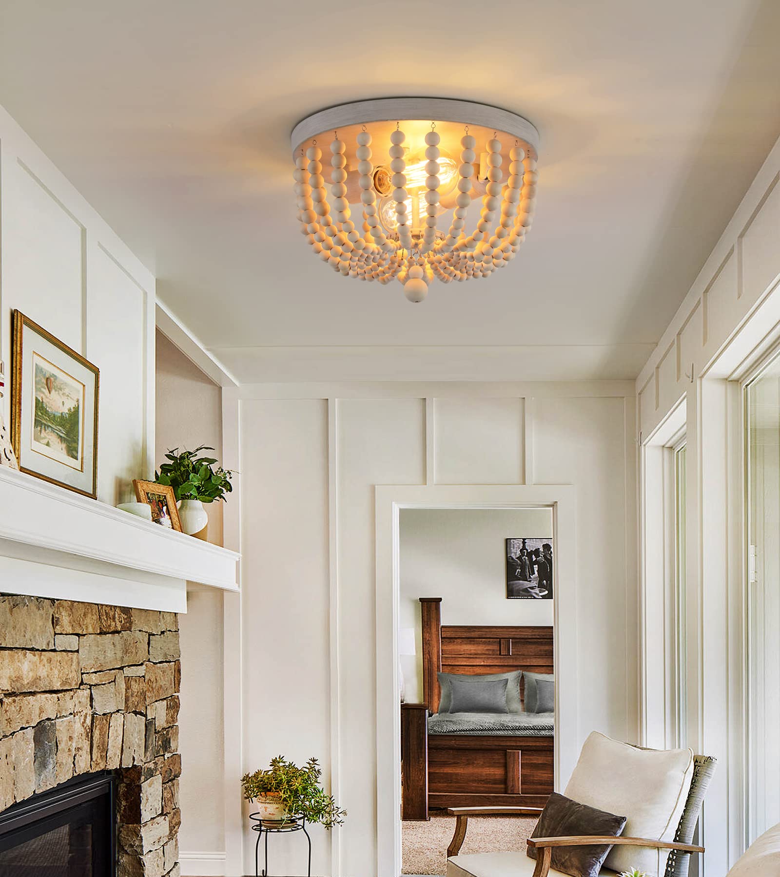 Q&S Boho Chandelier Wood Beaded Flush Mount Ceiling Light Fixtures For Nursery Baby Bedroom Kitchen Hallway,Oak White Finish,2-L