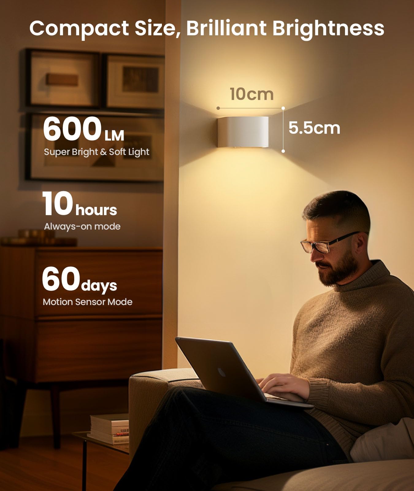 FULEN Motion Sensor Wall Light, LED Indoor Sconce, 5000mAh Battery, Brightness Adjustable, White, 2 Pack, Model WL04