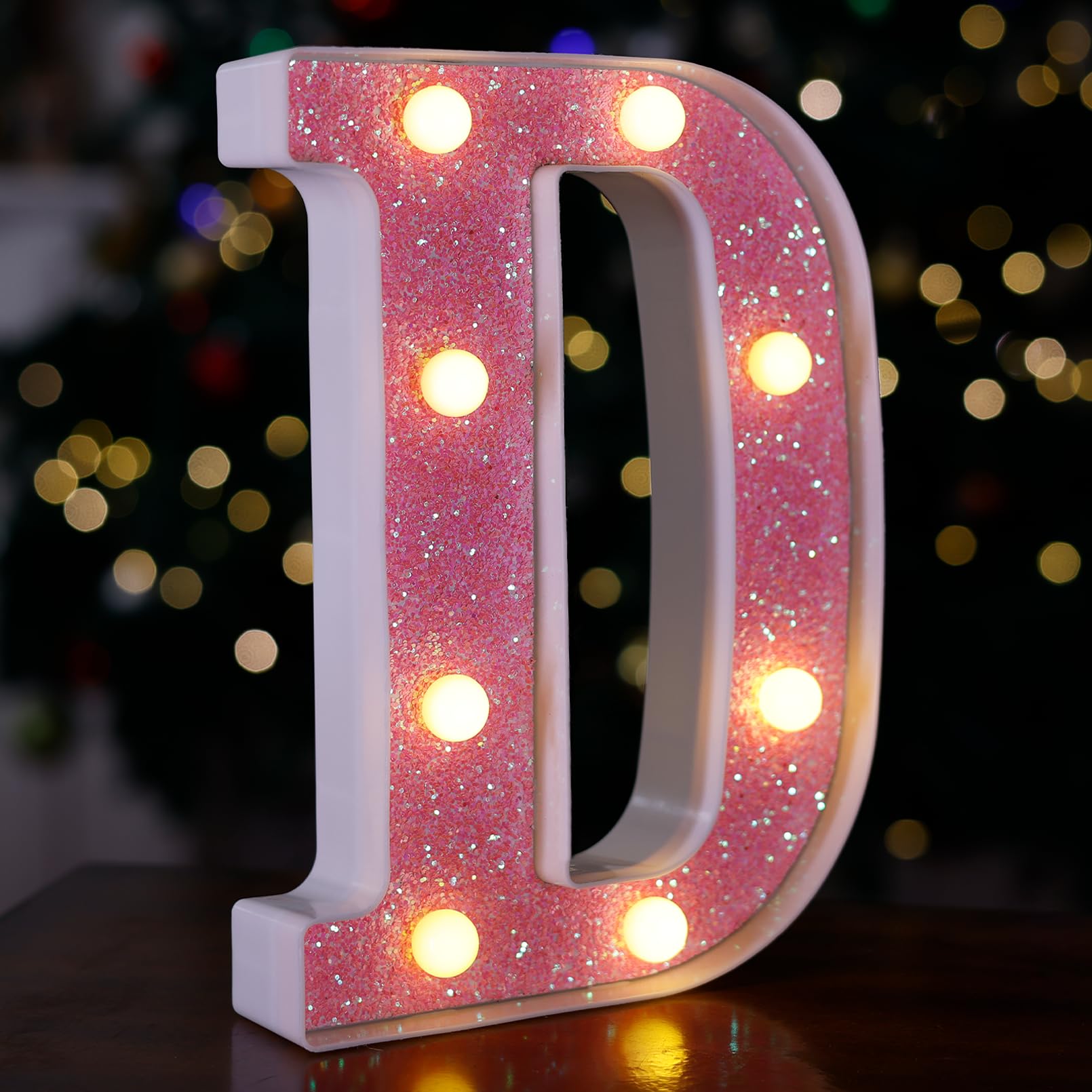 TRONSBOO LED Letter Light D - Pink Glitter Marquee Sign, Battery Powered, 6.26in x 8.58in, Plastic, Home Party Decoration