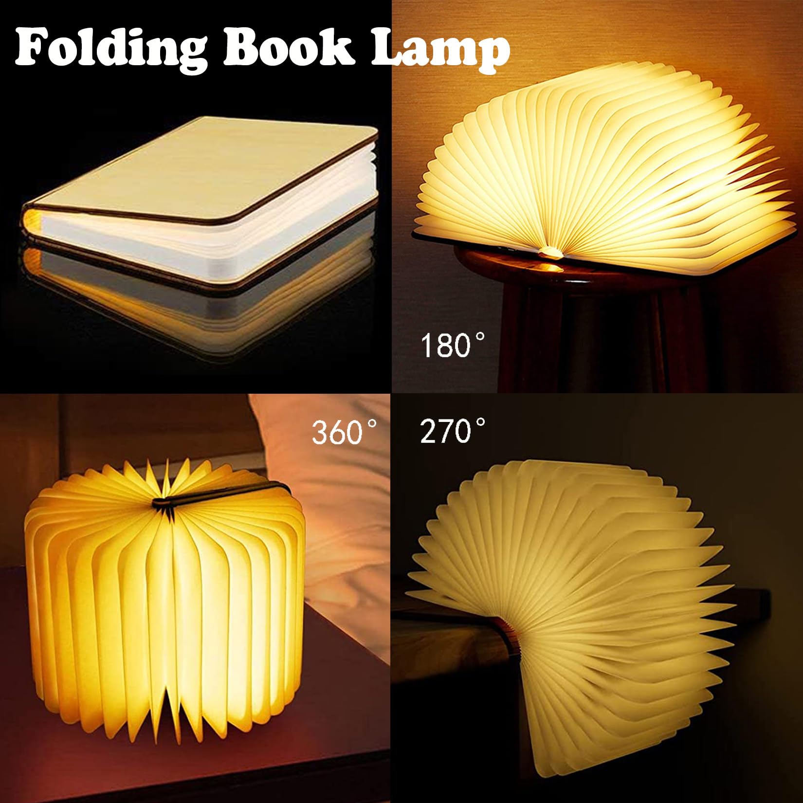 Tiuredx Wooden Book Light, LED Night Light, USB Rechargeable, Magnetic Folding, 5 Colors, Model Ti-T03, White Maple