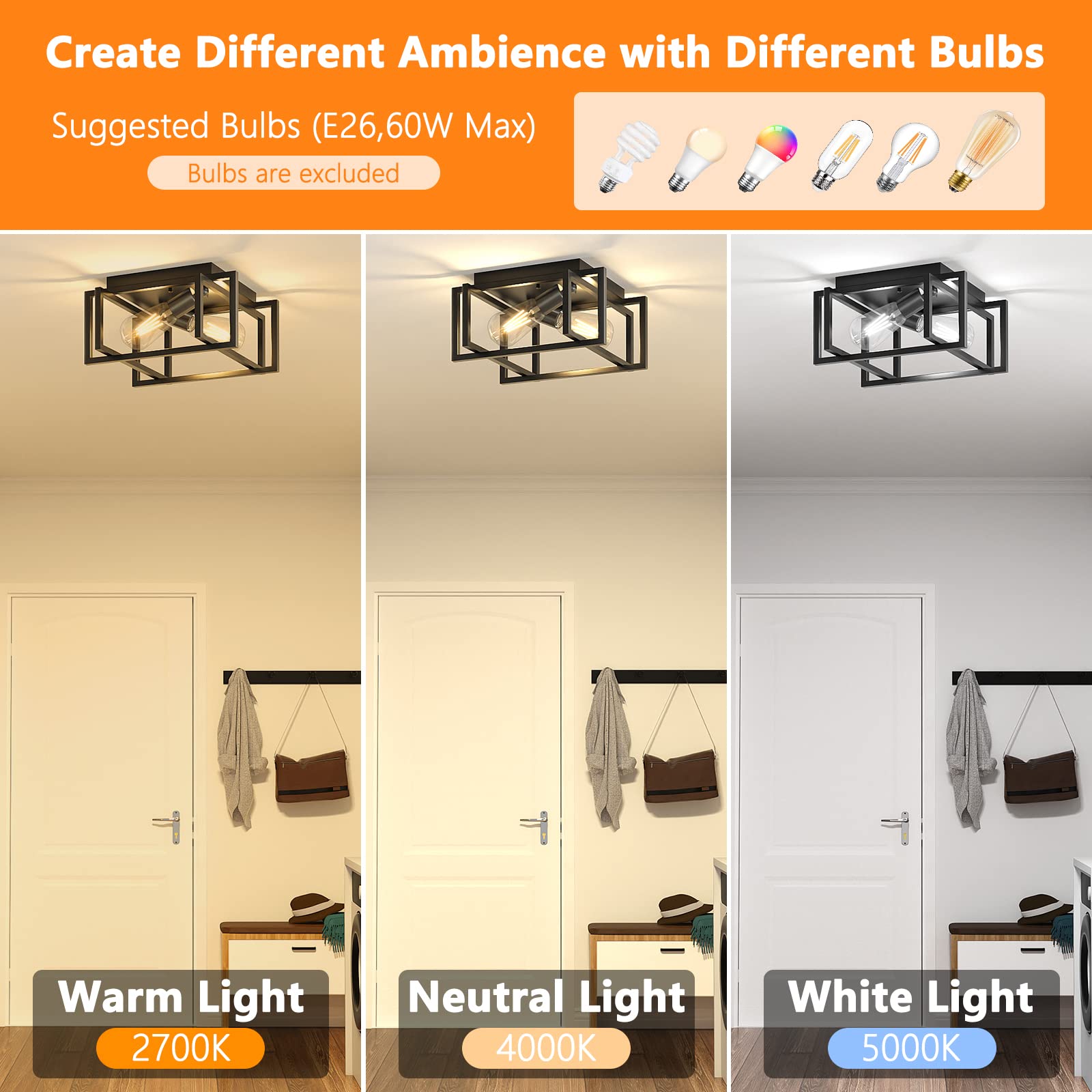 Feanron 2-Pack Industrial Black Metal Flush Mount Ceiling Light Fixture For Hallway & Kitchen