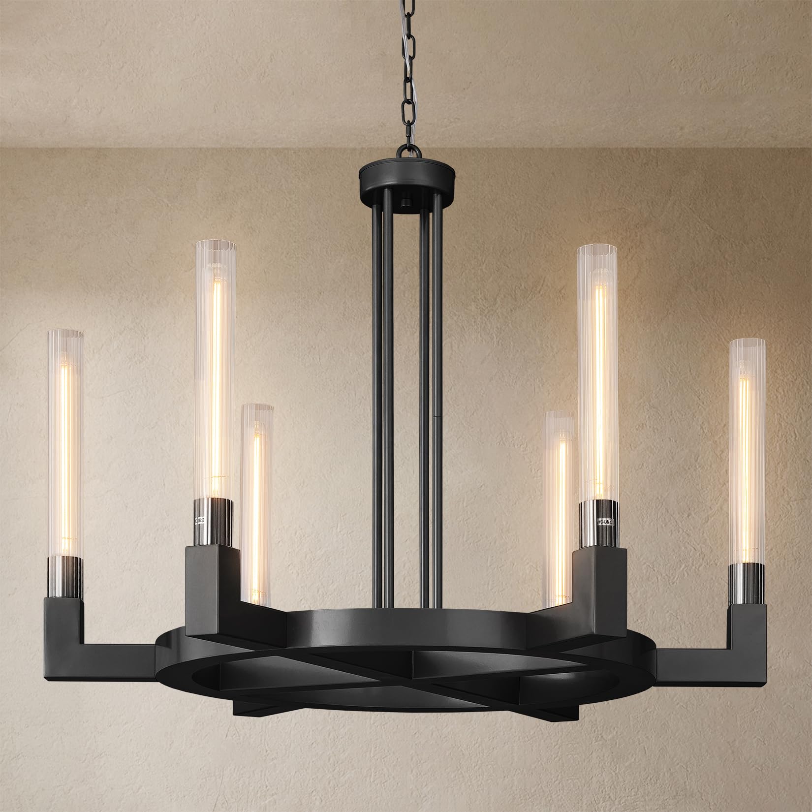 YUEXPAND Black 6-Lights Wagon Wheel Chandelier with Glass Tube, 35''Farmhouse Chandeliers Round Luxurious Large Chandelier Fixtu