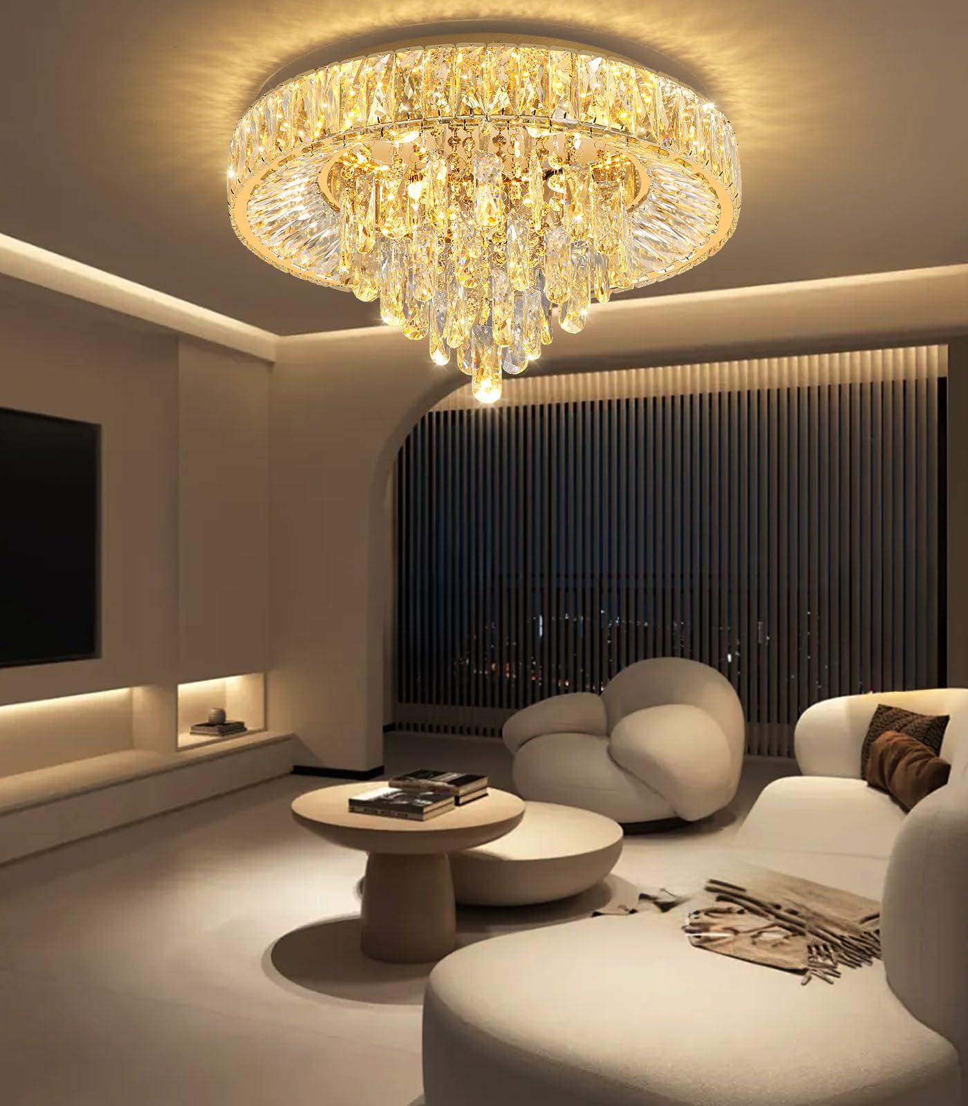 dolria Modern Crystal Chandelier LED Light Fixture Flush Mount 19.7in  Width Gold PC1019-50G Dimmable with Remote for Home
