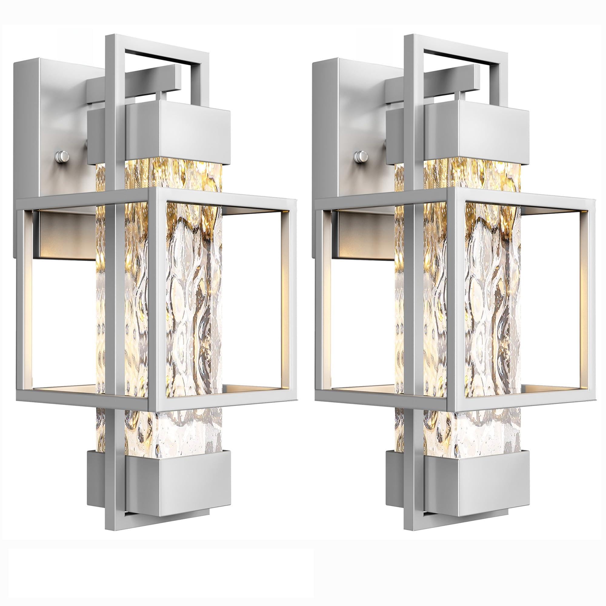 Partphoner Modern Outdoor Light Fixtures Dusk To Dawn Outdoor Lighting 2 Pack  15  Exterior Wall Sconce Waterproof Outside Porch Light For House With Water Glass For Garage Doorway Silver