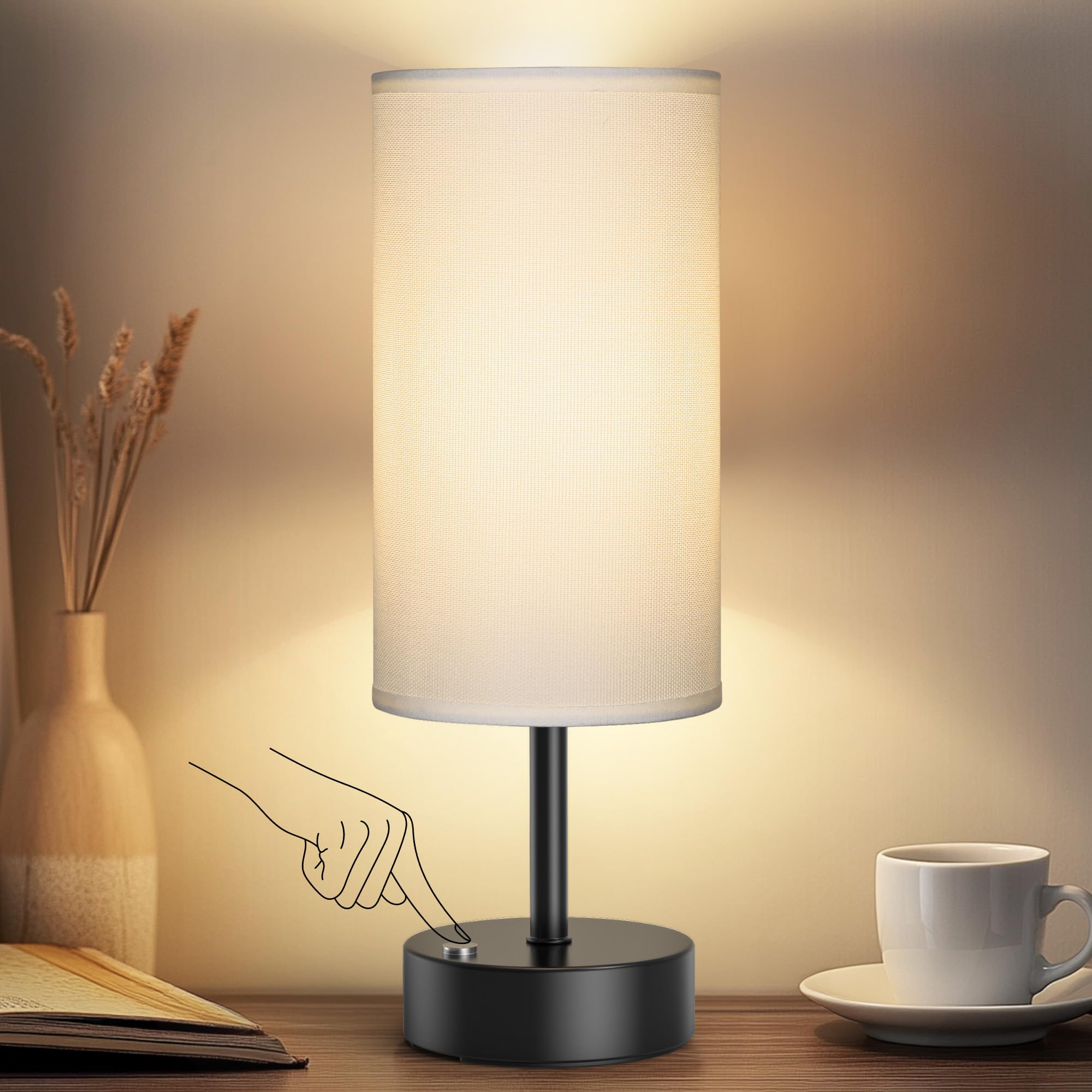 ROTTOGOON Cordless Table Lamp Touch Control Dimmable Rechargeable Metal Bedside Lamp Black