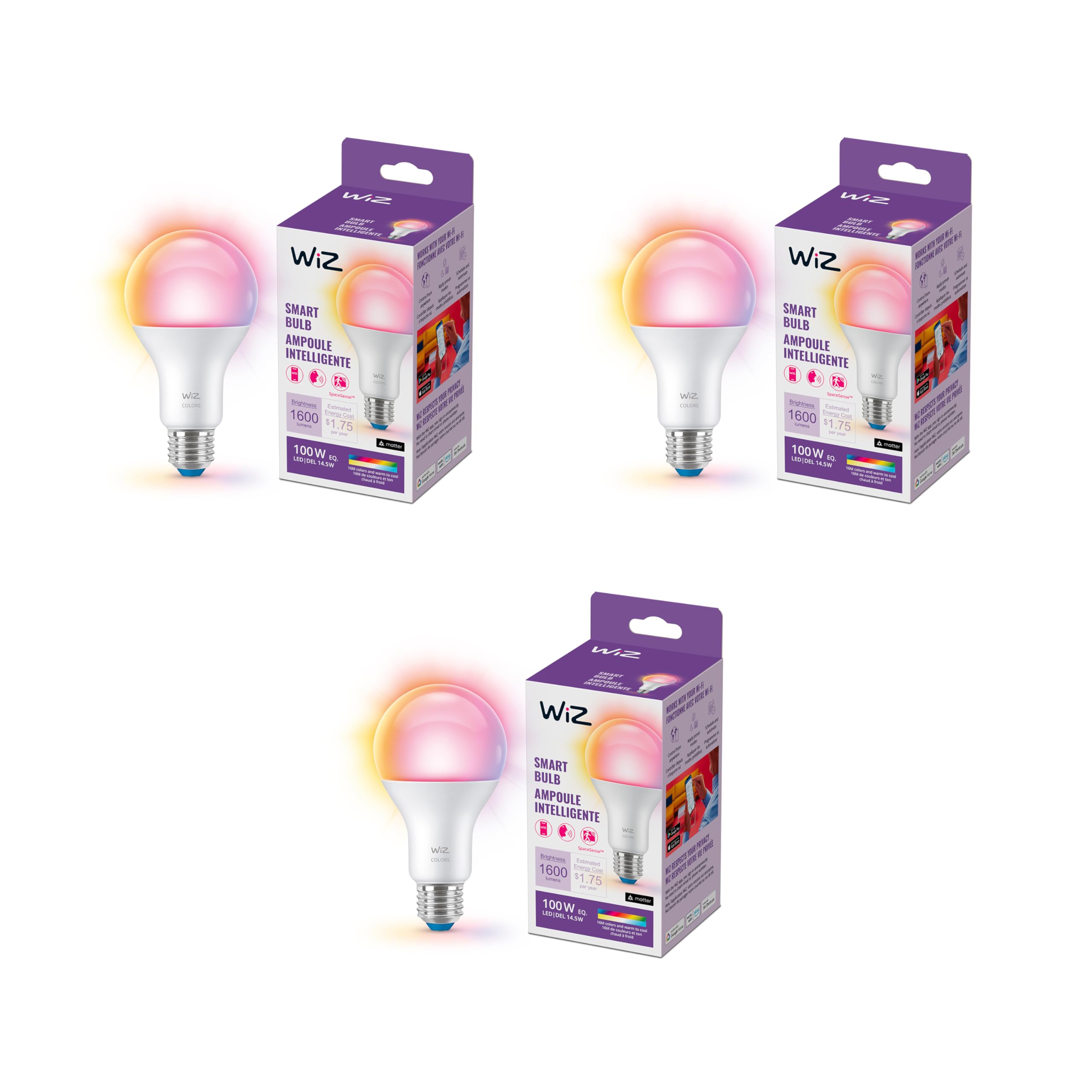 Wiz 100W Eq. (14.5W) A21 Color Led Smart Bulb - Pack Of 3 - E26- Indoor - Connects To Your Existing Wi-Fi - Control With Voice O