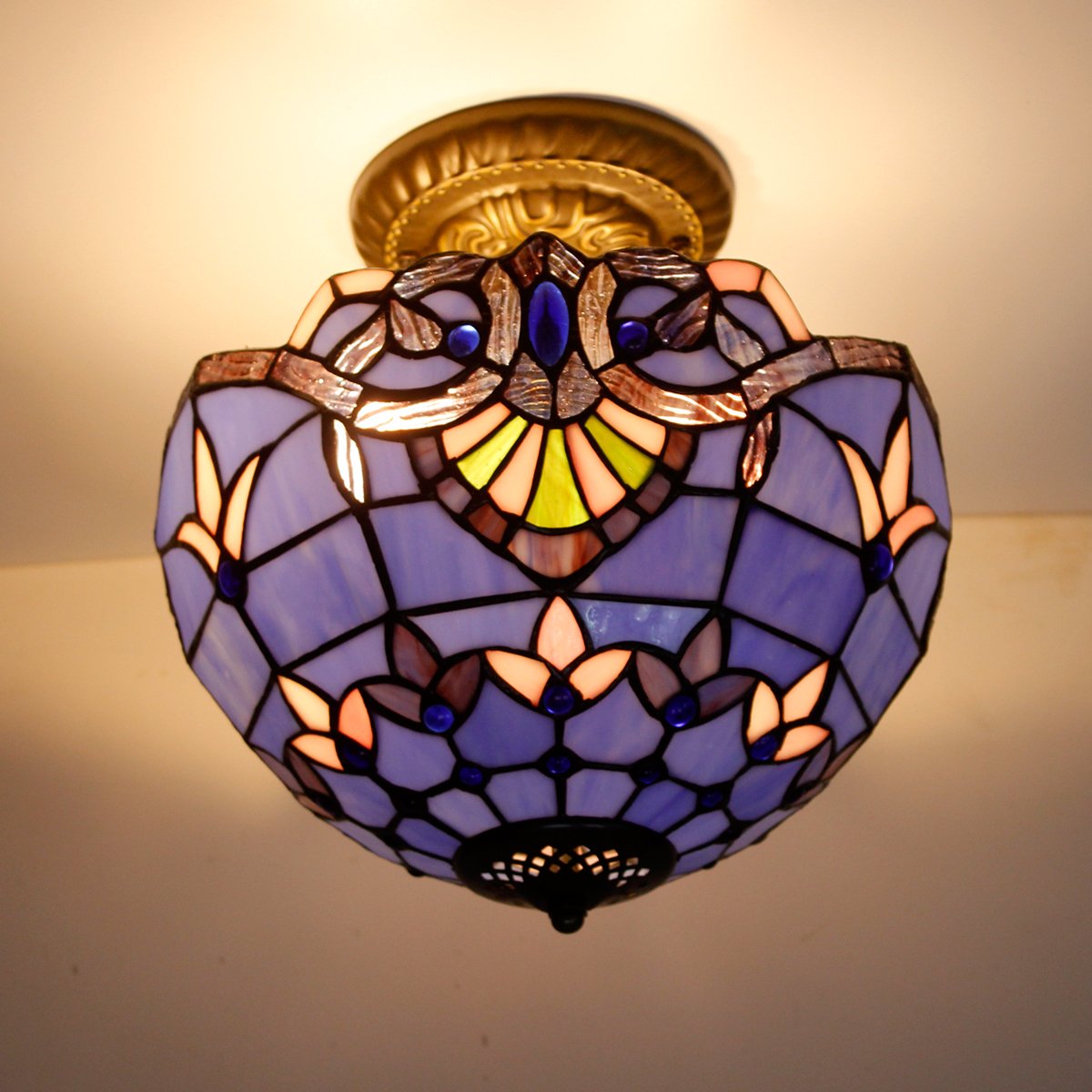 WERFACTORY Tiffany Ceiling Light Fixture, Blue Purple Baroque, Glass, 12x11 Inch, Semi Flush Mount, Model S003C Series