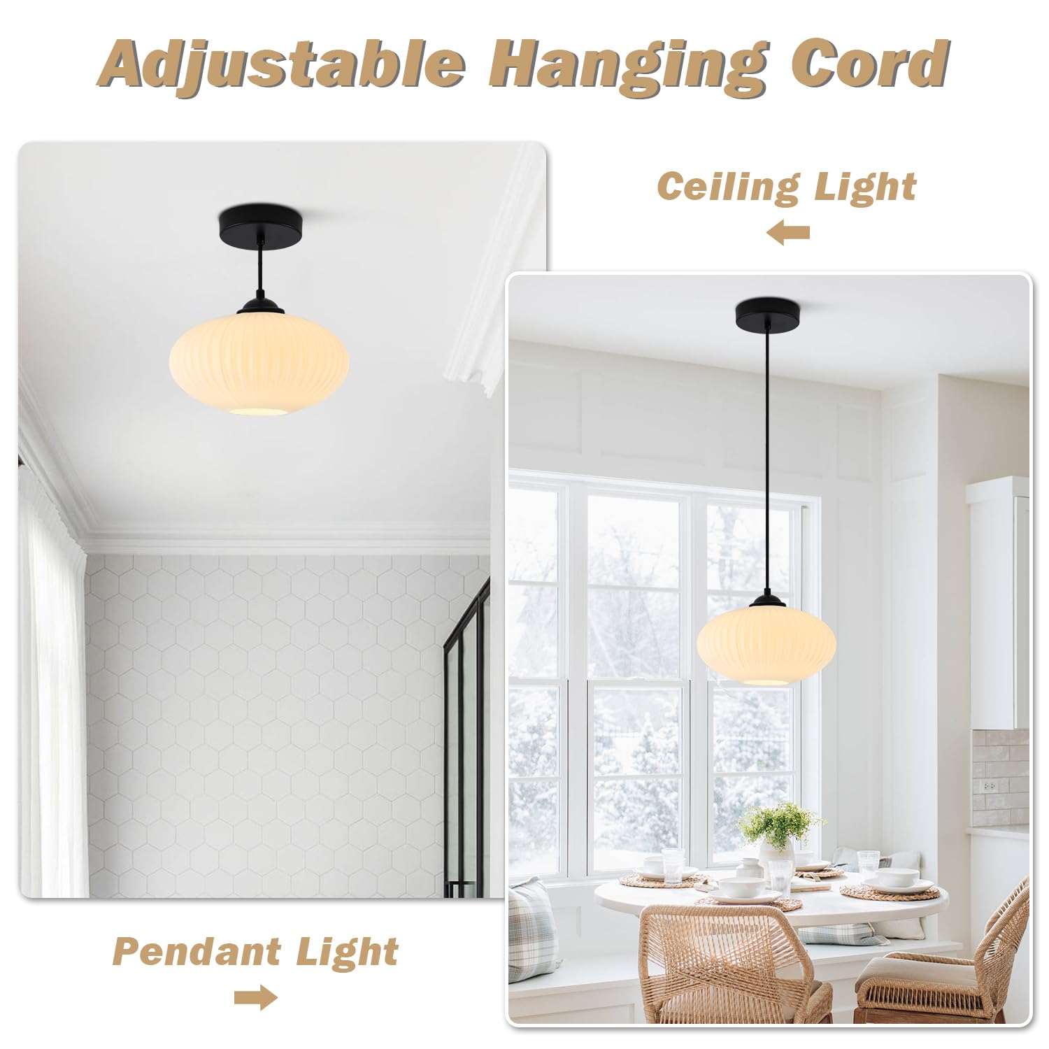 KCO Large Milk Glass Pendant Light - Black and White Mid Century Modern Fixture, Industrial Farmhouse Style, Model L1150-A-Black
