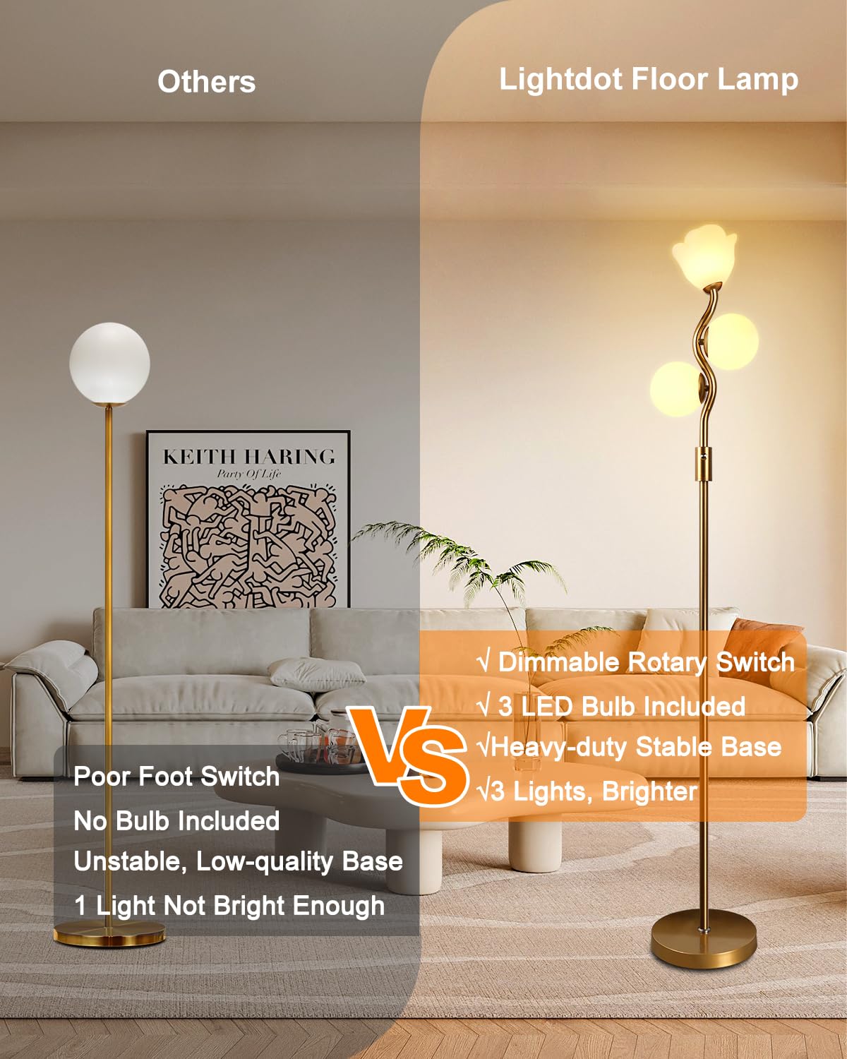 Lightdot 65In Dimmable Gold Floor Lamp For Living Room, Mid Century Modern Tall Standing Lamps With 1 Flower & 2Globe Lampshades