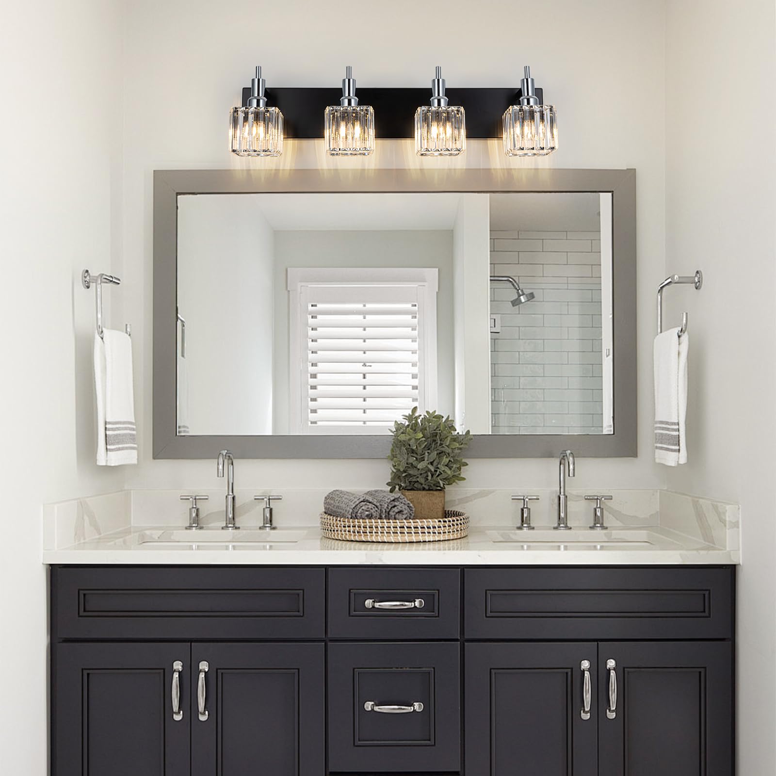 HUOKU Bathroom Vanity Lights, 4-Light Modern Crystal Wall Light, Black Chrome with Square Shade, Metal Construction