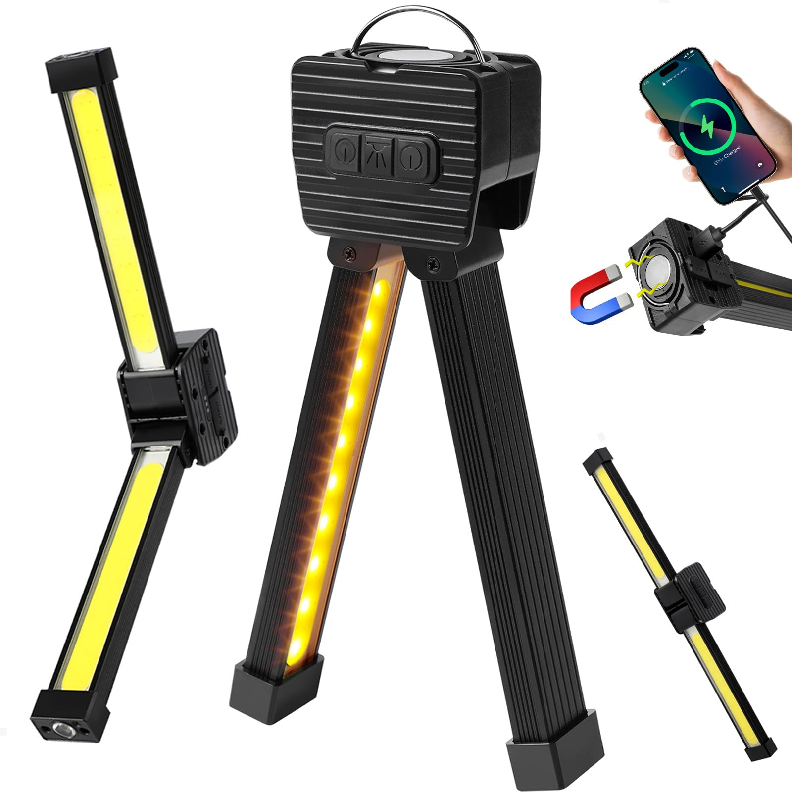 Generic Magnetic Gym Lamp - Portable LED Flashlight, 7th Gear Dimming, 180° Folding, USB Rechargeable, Black, Aluminum, Model 1
