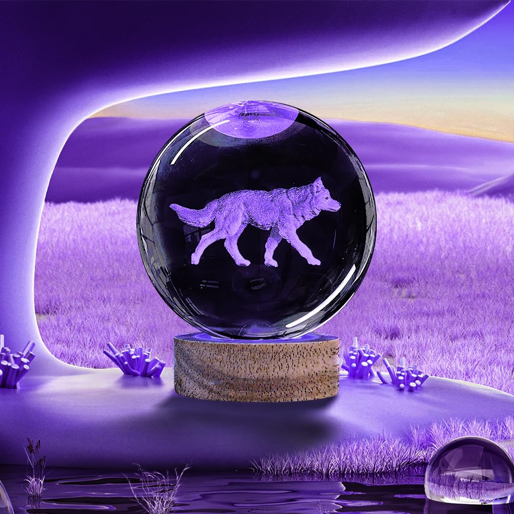 Yylzephb 3D Wolf Crystal Ball Night Light With Woodern Base, 3.15 Wolf Glass Ball Lamp 16 Colors With Remote Control Wolf Figuri