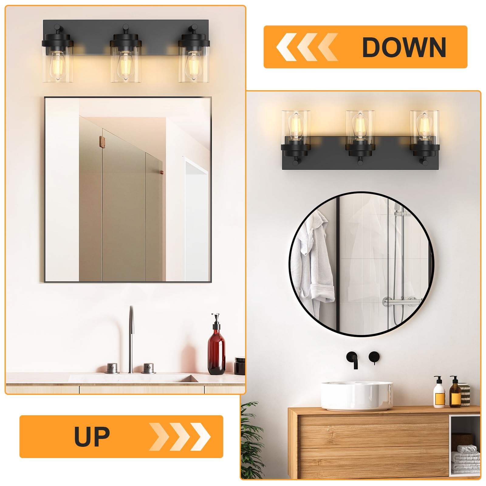 IZORRO 3-Light Bathroom Vanity Light Fixture, Matte Black with Clear Glass Shade, Model HL101, Modern Farmhouse Design