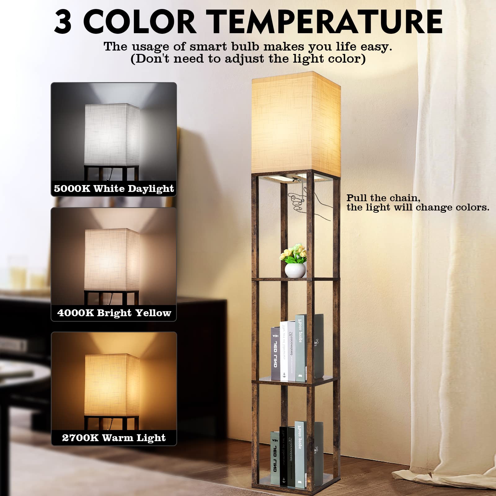 Runtop Modern Floor Lamp With Shelves, 3 Color Temperatures, Rustic Brown, 8W Bulb