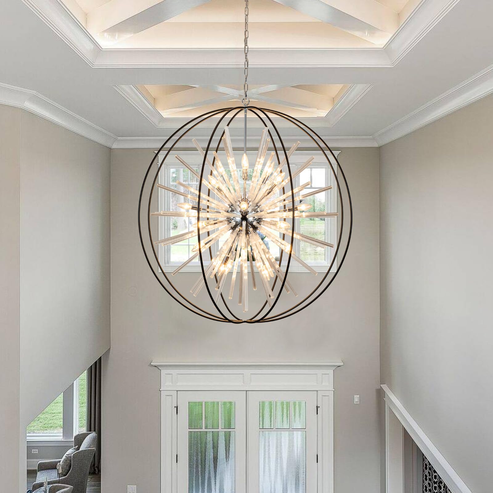 Vezzio D42 Extra Large Crystal Sputnik Chandelier, 24 Light, Black & Chrome, Ideal for High Ceilings in Entryway, Foyer, Dining, Living Room